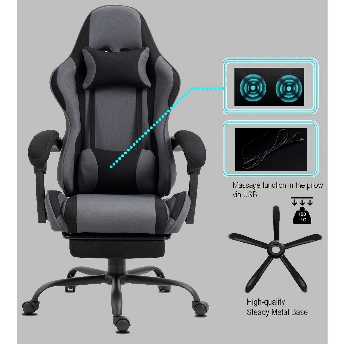 Ein grau-schwarzer Gaming-Stuhl mit Kopf- und Armlehnen. Mit Massagefunktion und Metallbasis.
