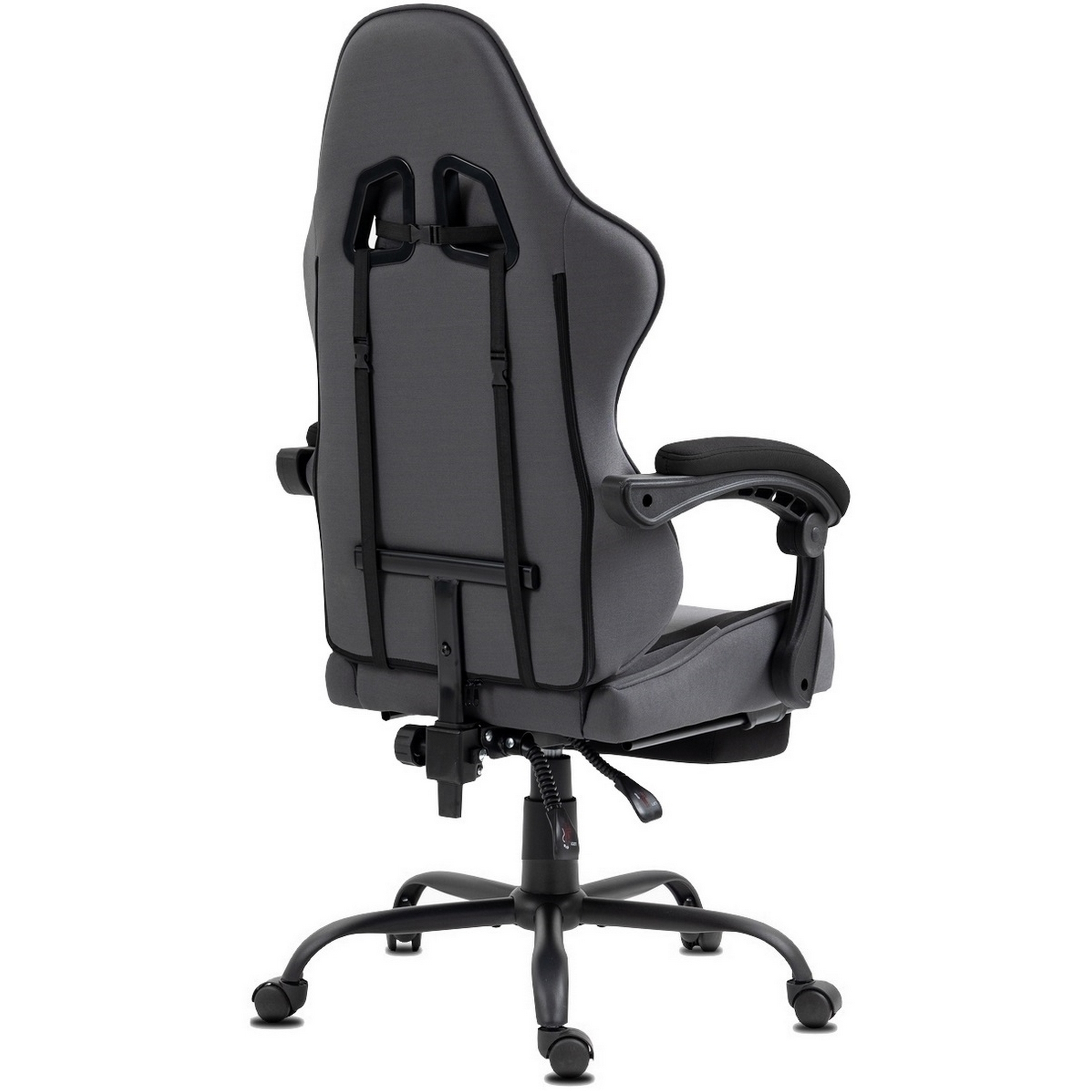 Grau-schwarzer Gaming-Stuhl, Rückansicht. Merkmale sind ein hoher Rücken, Armlehnen und ein Fünf-Rollen-Fuß.