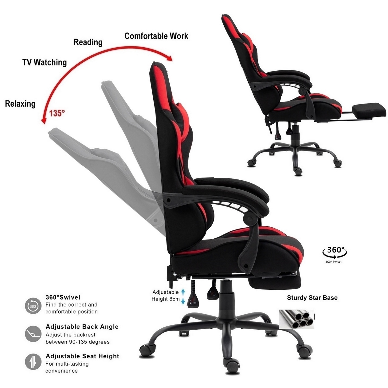 Ein schwarz-roter Gaming-Stuhl mit verstellbarer Höhe und Rückenlehne, gekennzeichnet für Lese-, Arbeits- und Entspannungspositionen.