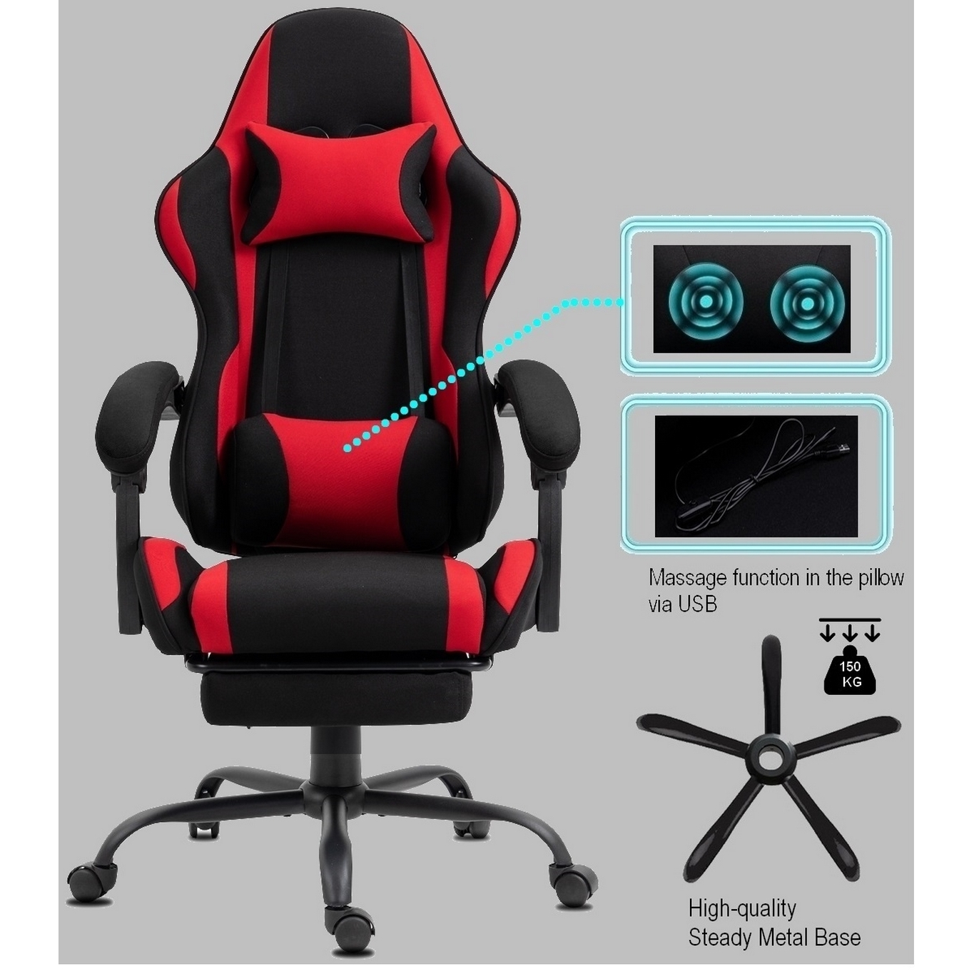 Ein rot-schwarzer Gaming-Stuhl mit Massagefunktion. Er hat ein Metallgestell und kann bis zu 150 kg tragen.