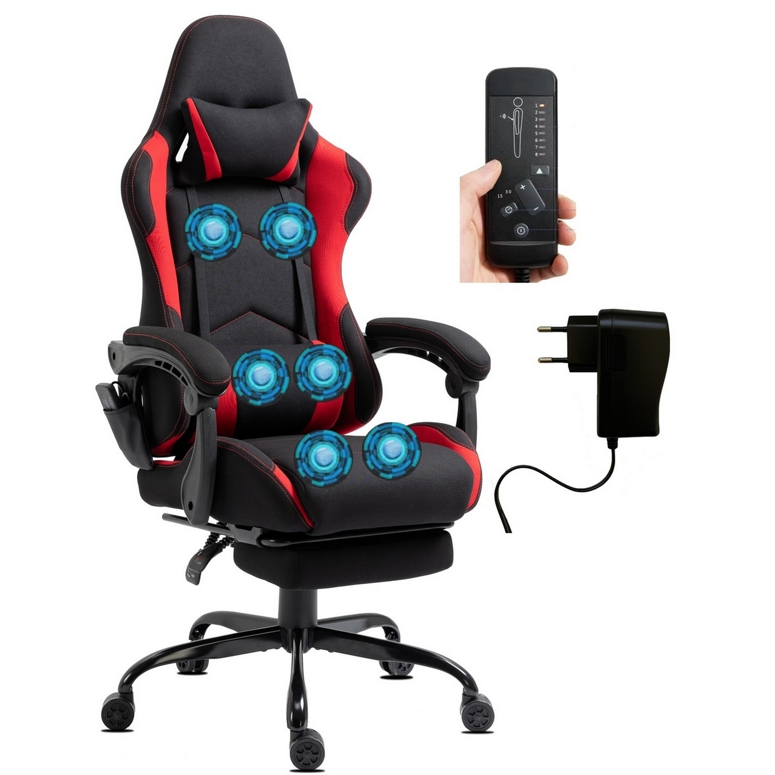 Gaming-Stuhl mit roten und schwarzen Akzenten, Massageknoten, Fernbedienung und Netzteil.