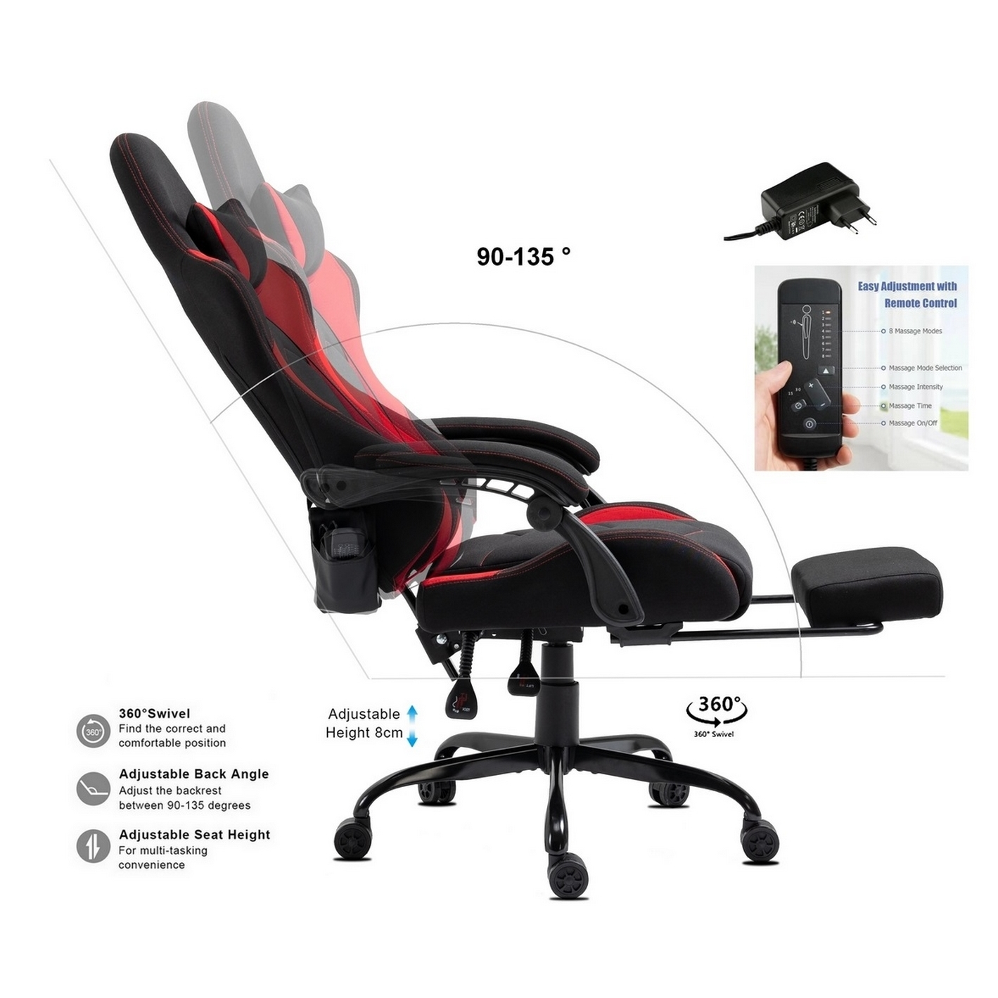 Ein schwarz-roter Gaming-Stuhl mit verstellbaren Funktionen. Fernbedienung für Massagefunktionen und Fußstütze sind sichtbar.