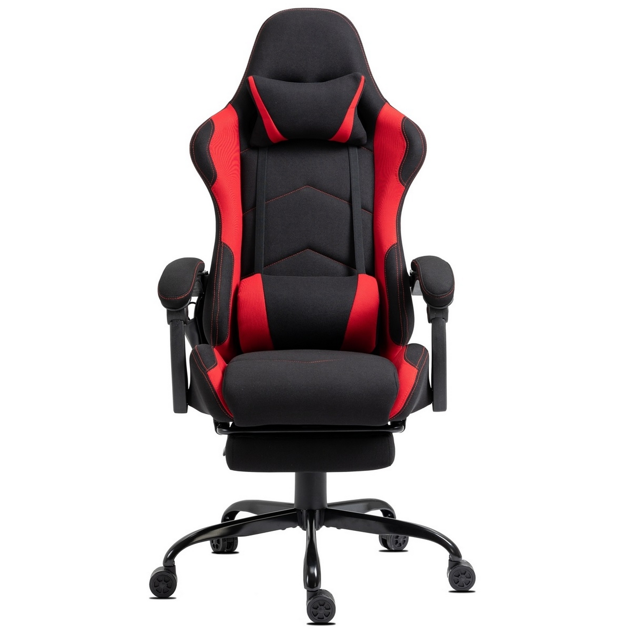 Schwarzer und roter Gaming-Stuhl. Er hat eine hohe Rückenlehne, Armlehnen und eine Fußstütze. Die Basis hat Räder.