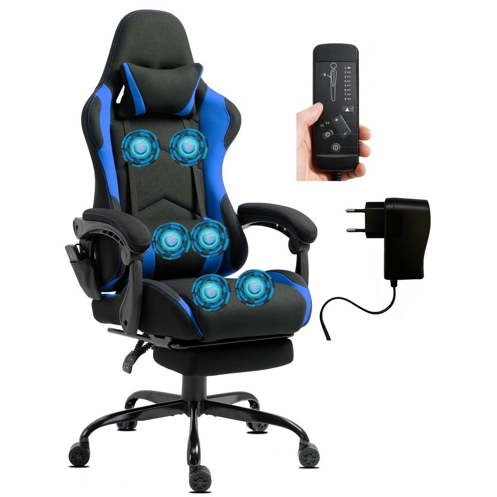 Gaming-Stuhl mit blauen Akzenten, Massagepunkten, Fernbedienung und Netzteil, alles auf weißem Hintergrund.