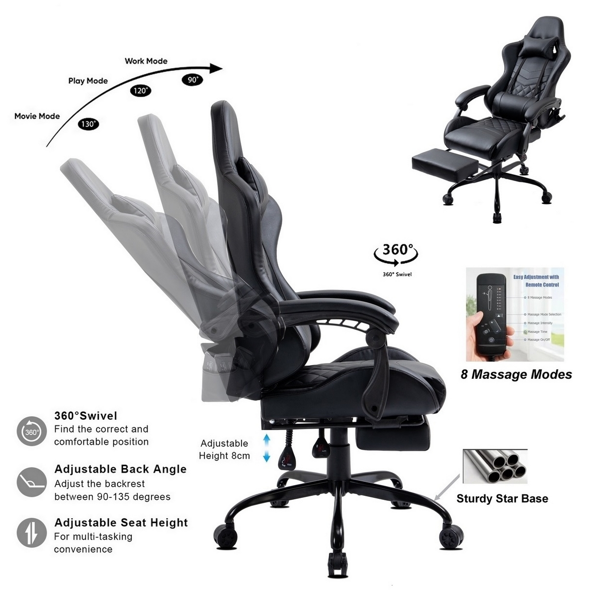 Schwarzer Gaming-Stuhl mit Funktionen wie verstellbarem Rückenwinkel, Höhe und 8 Massagemodi. Enthält eine Fernbedienung und eine stabile Basis.
