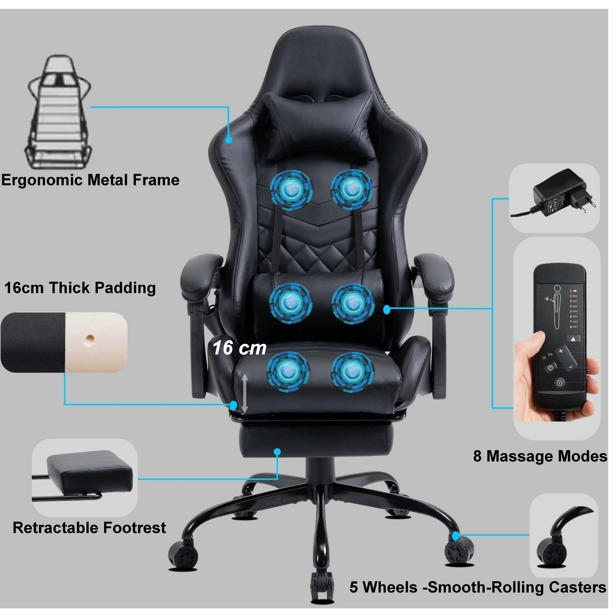 Schwarzer ergonomischer Gaming-Stuhl mit Massagefunktionen, ausziehbarer Fußstütze und 5 Rollrollen. Verfügt über 8 Massagemodi.