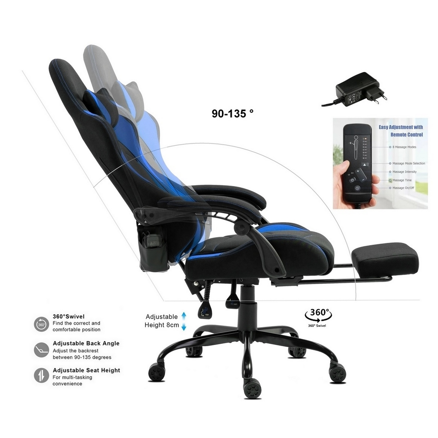 Ein schwarz-blauer Gaming-Stuhl mit Fußstütze und Fernbedienung. Er hat einen 360°-Drehmechanismus und verstellbare Rückenlehne.