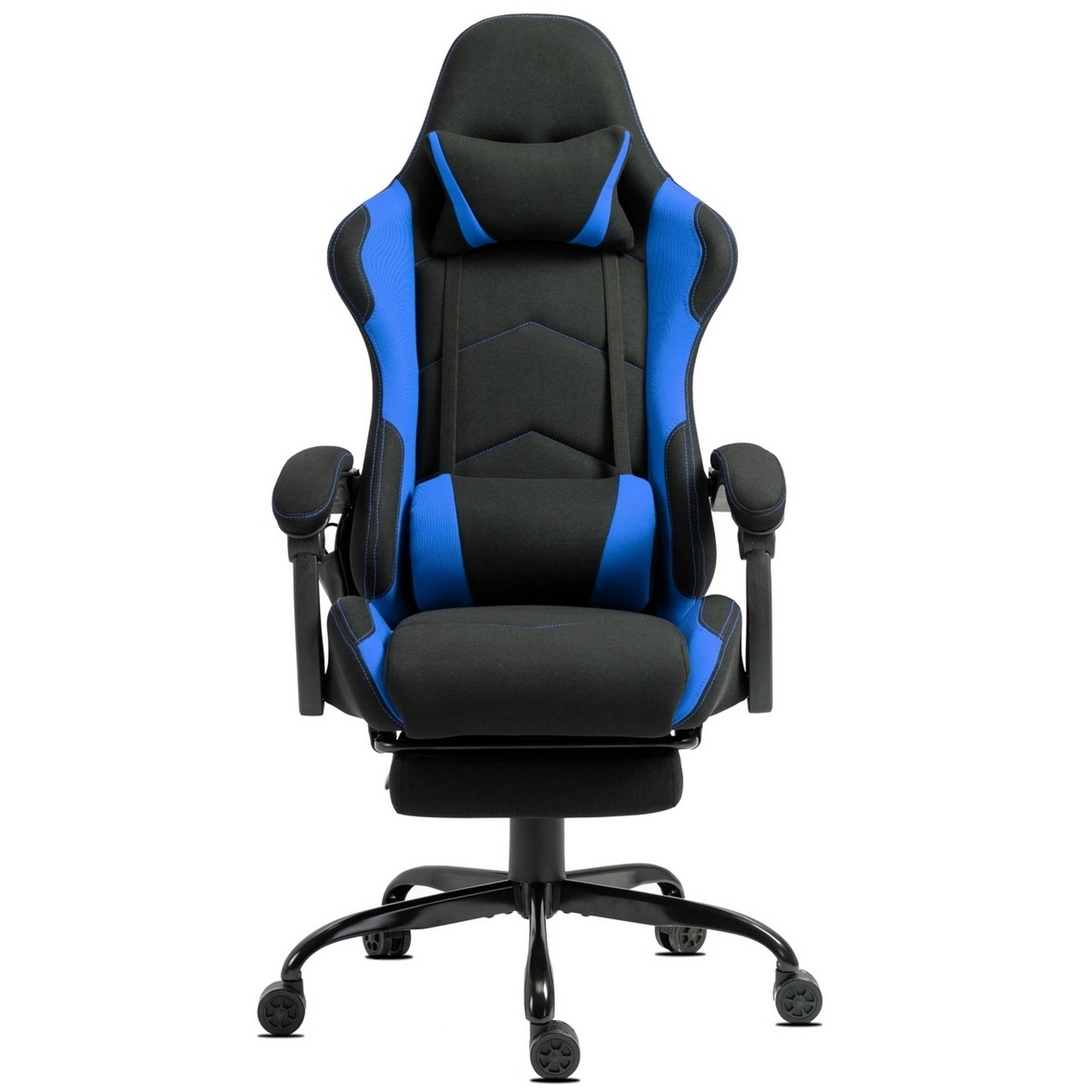 Gaming-Stuhl mit schwarzen und blauen Akzenten. Er hat eine Kopfstütze, Armlehnen und eine Basis mit Rädern, auf weißem Hintergrund.