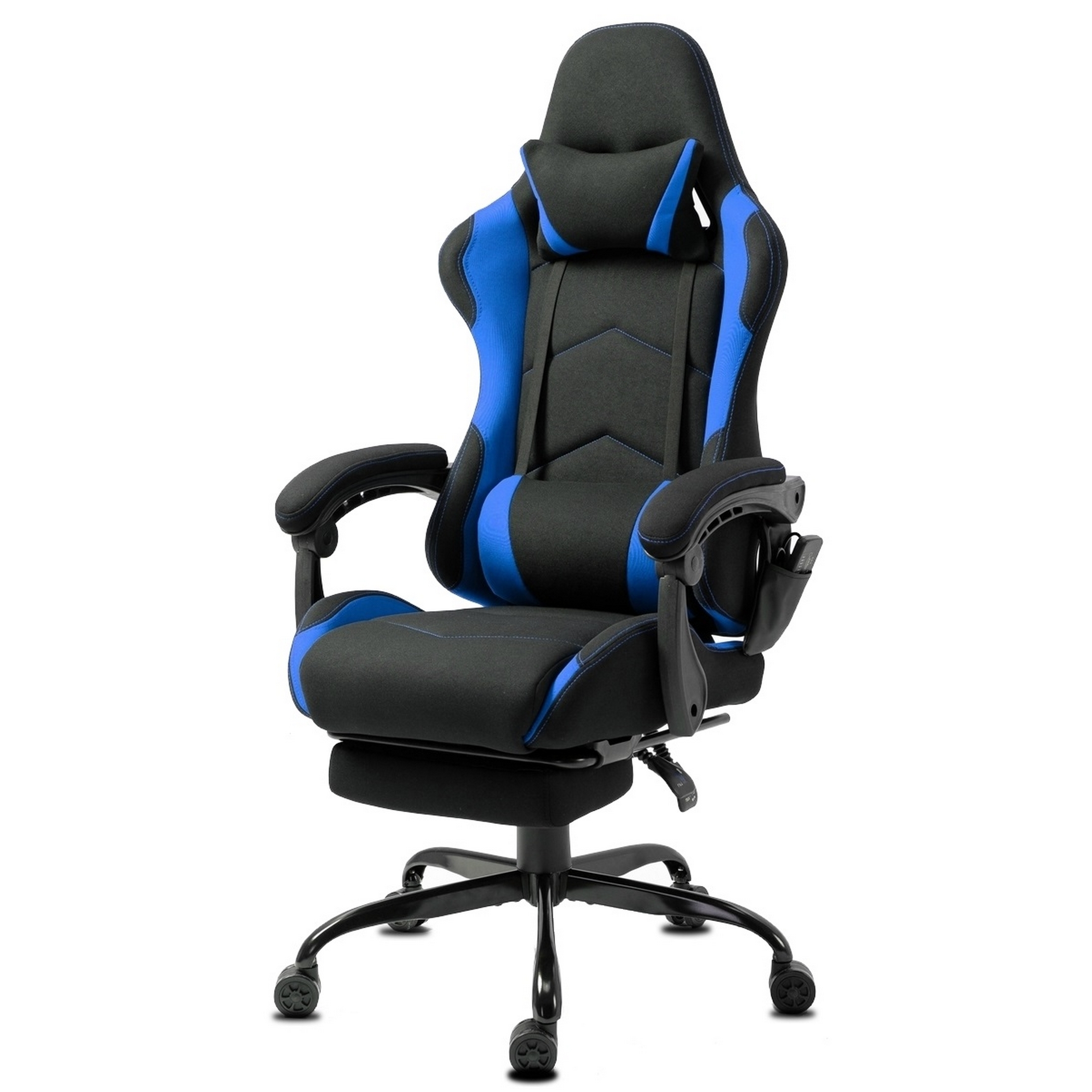 Ein schwarz-blauer Gaming-Stuhl auf weißem Hintergrund. Er hat Armlehnen, eine Kopfstütze und Räder.