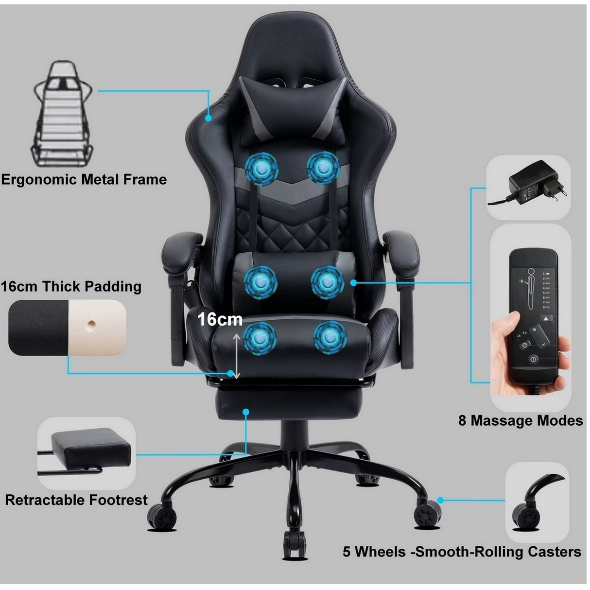 Schwarzer ergonomischer Gaming-Stuhl mit 16 cm Polsterung, ausziehbarer Fußstütze, 8 Massagemodi und 5 Rollen. Inklusive Netzteil und Fernbedienung.