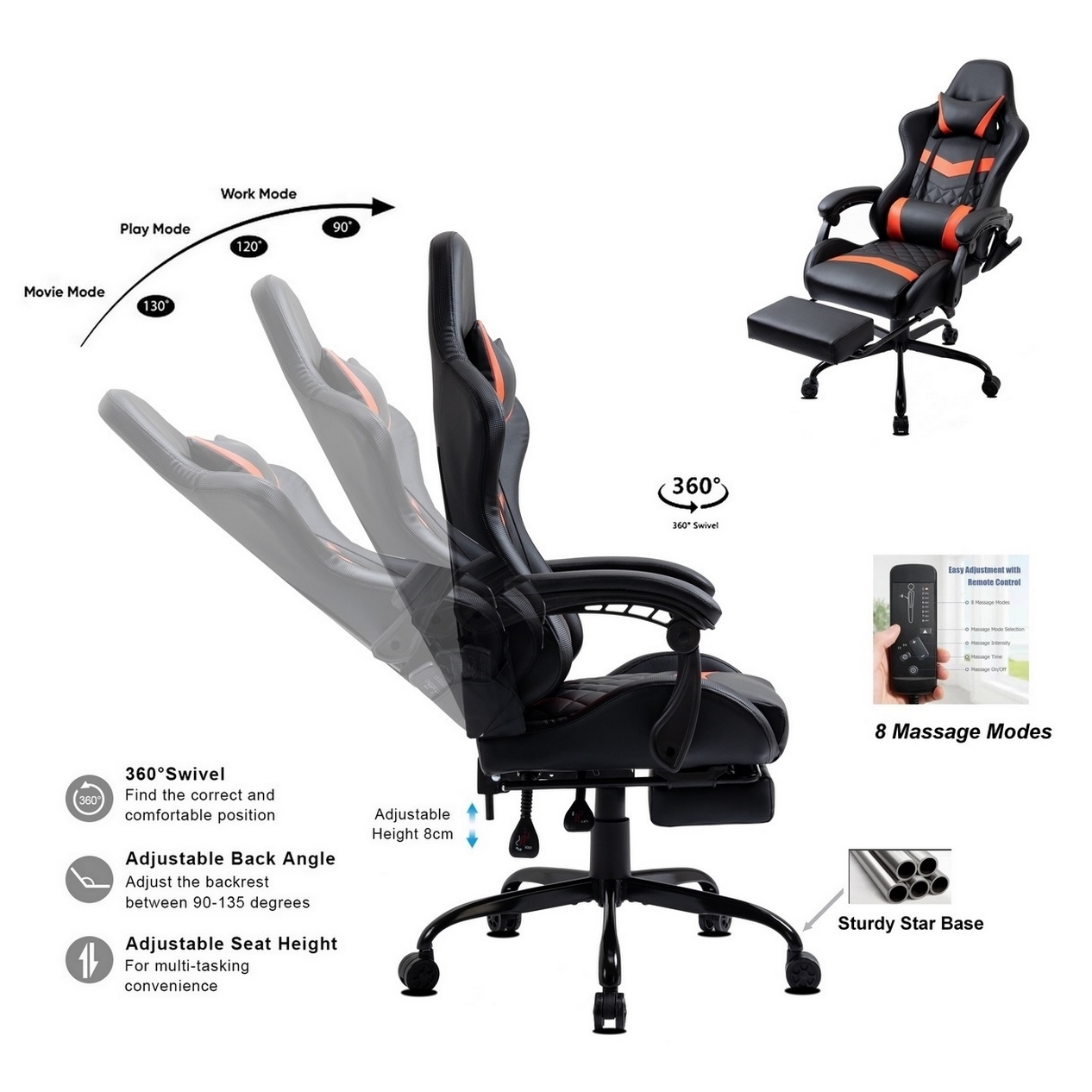 Schwarzer und orangefarbener Gaming-Stuhl mit verstellbaren Funktionen. Inklusive Fußstütze, Fernbedienung und stabilem Sockel. Verschiedene Modi werden hervorgehoben.