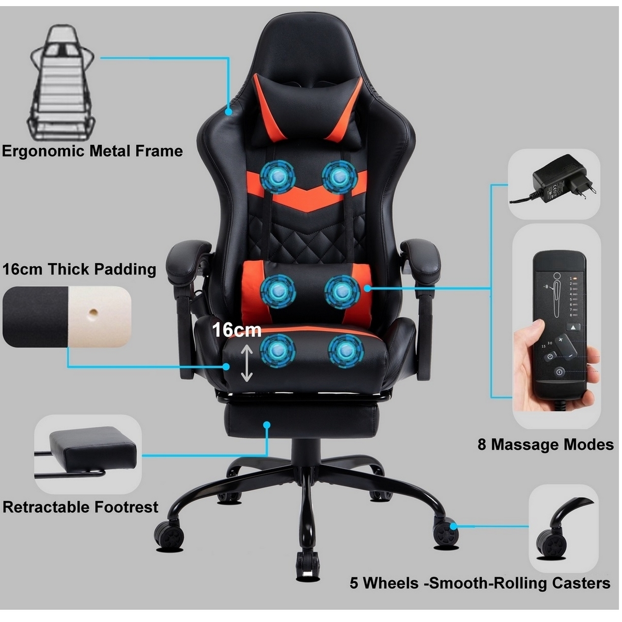 Ein schwarz-orangener Gaming-Stuhl mit Massagefunktion, ausziehbarer Fußstütze und 5 Rollen. Er hat eine dicke Polsterung und 8 Massage-Modi.