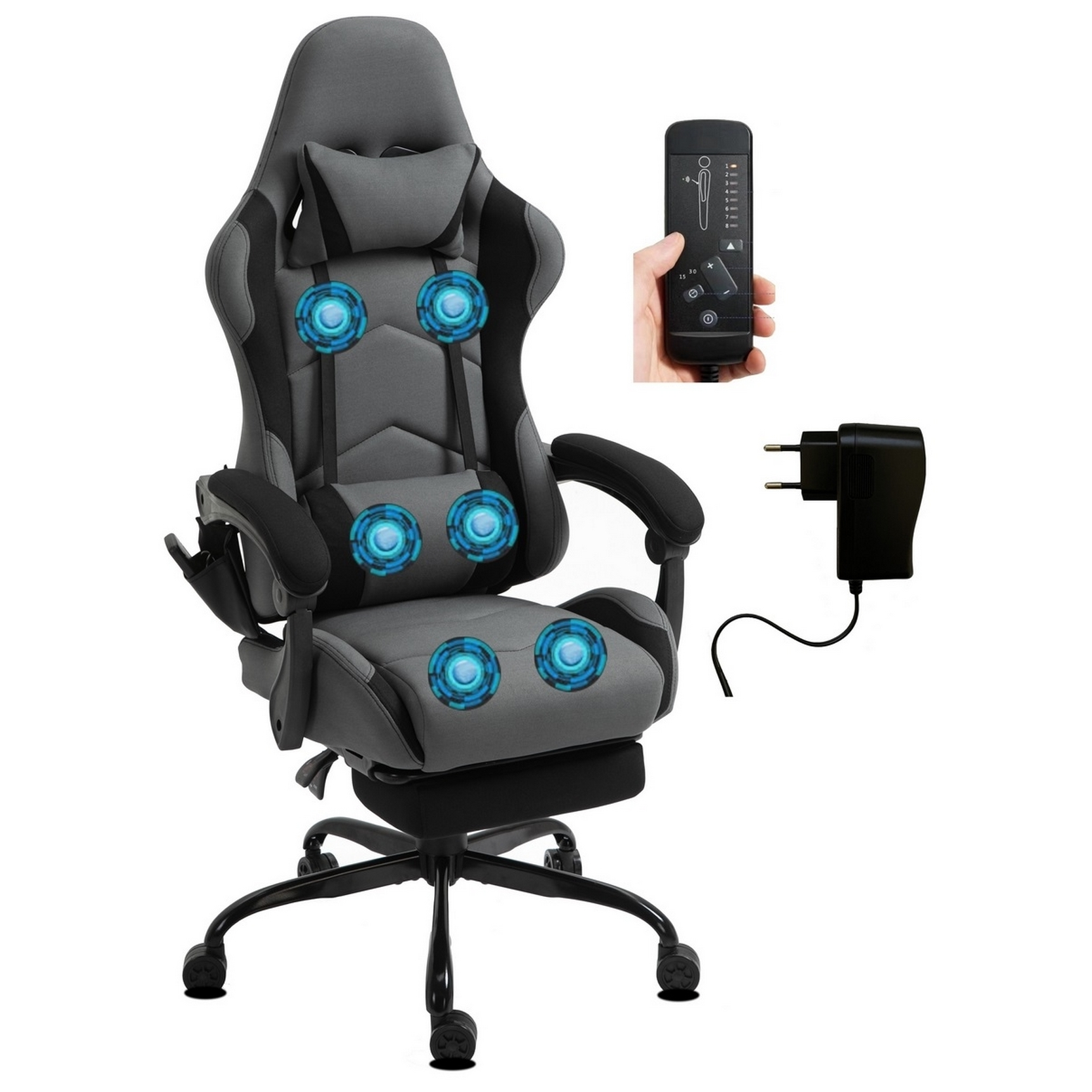 Ein grauer Gaming-Stuhl mit blauen Lichtern, einer Fernbedienung und einem Netzteil vor weißem Hintergrund.