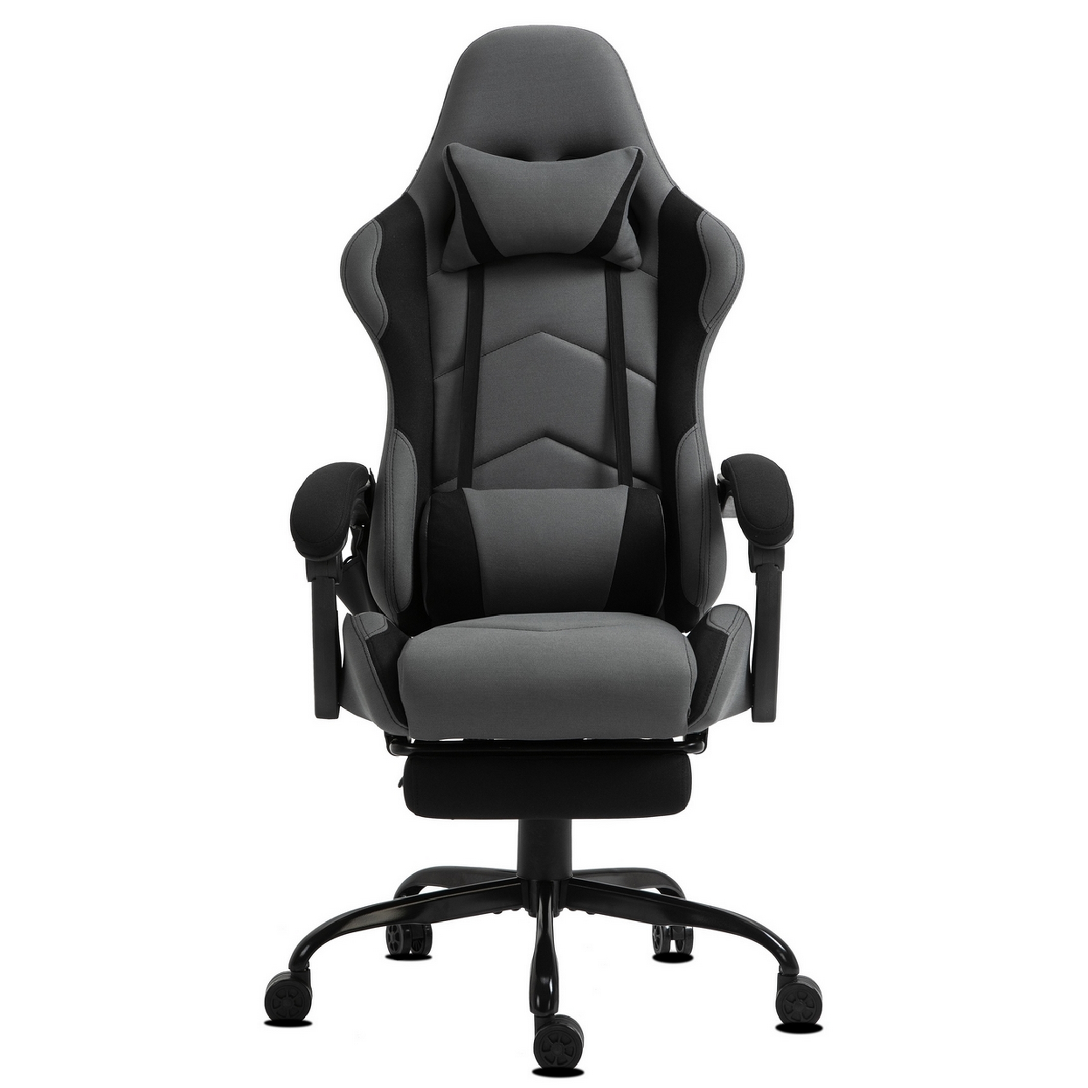 Grau-schwarzer Gaming-Stuhl. Er hat eine Kopfstütze, Rückenlehne, Armlehnen und eine Fußstütze. Die Basis hat Räder.