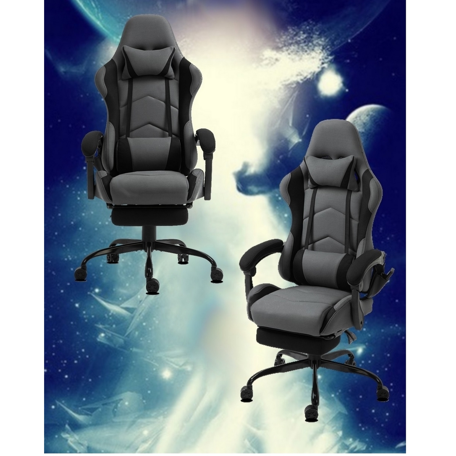 Zwei grau-schwarze Gaming-Stühle vor einem blau-weißen Hintergrund mit Weltraum-Motiv und Planeten.