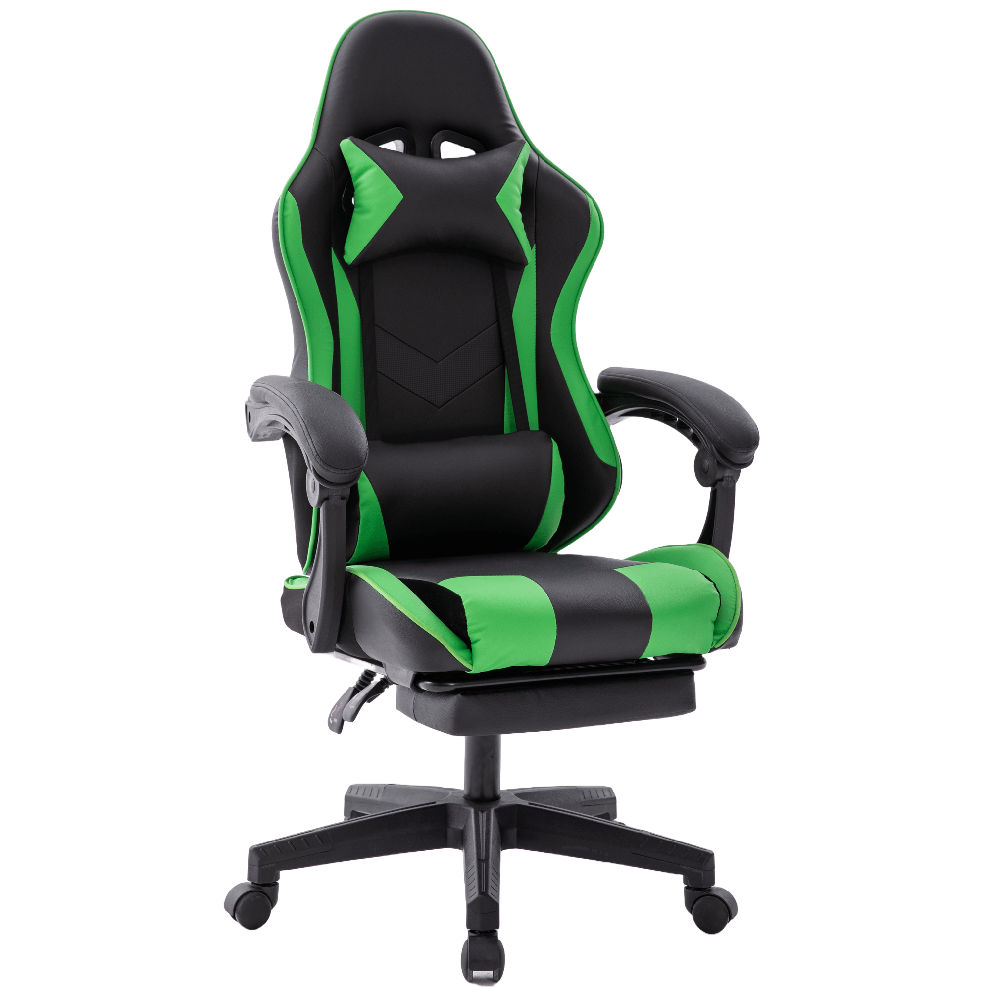 Ein schwarz-grüner Gaming-Stuhl. Er hat eine Kopfstütze, Armlehnen und ein Fünf-Rad-Gestell. Der Stuhl steht vor weißem Hintergrund.