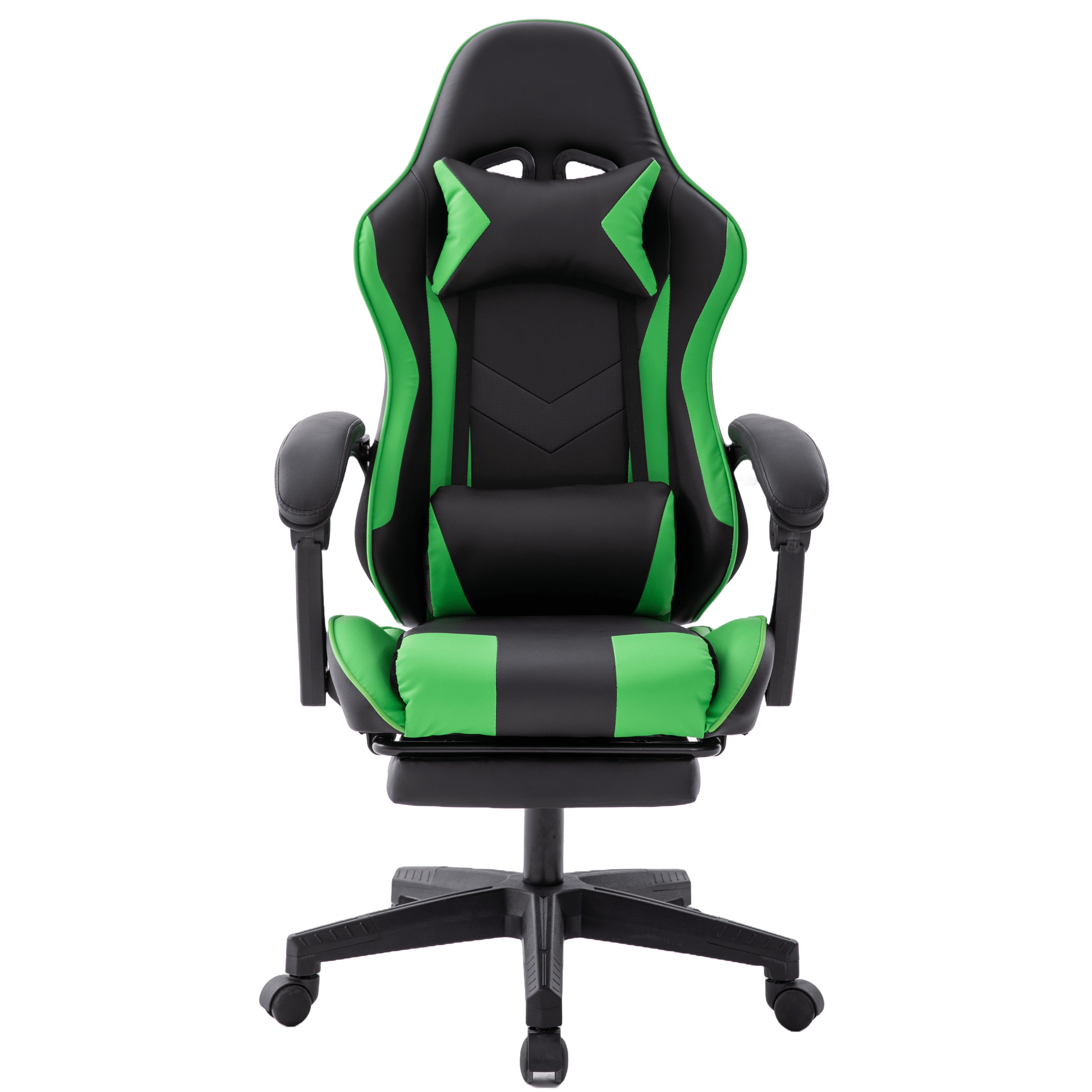 Ein Gaming-Stuhl mit schwarzem und grünem Design. Er hat Armlehnen und eine Kopfstütze, vor weißem Hintergrund.