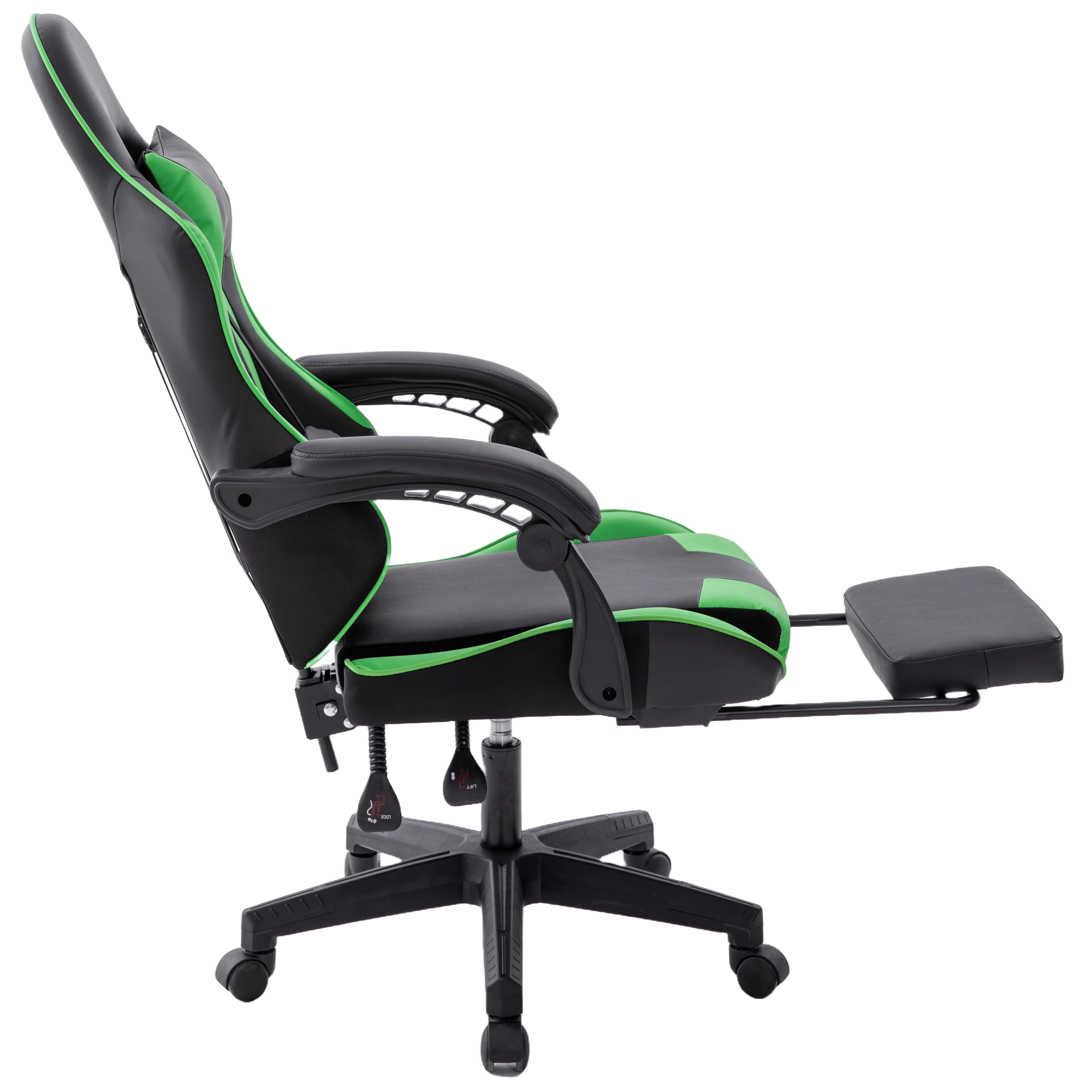 Gaming-Stuhl, schwarz und grüne Akzente. Zu den Merkmalen gehören Armlehnen, eine Fußstütze und ein Fünf-Rollen-Fuß auf weißem Hintergrund.