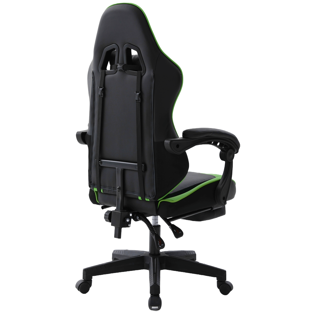 Schwarzer und grüner Gaming-Stuhl. Der Stuhl hat eine hohe Rückenlehne, Armlehnen und ein Fünf-Rad-Gestell, vor weißem Hintergrund.