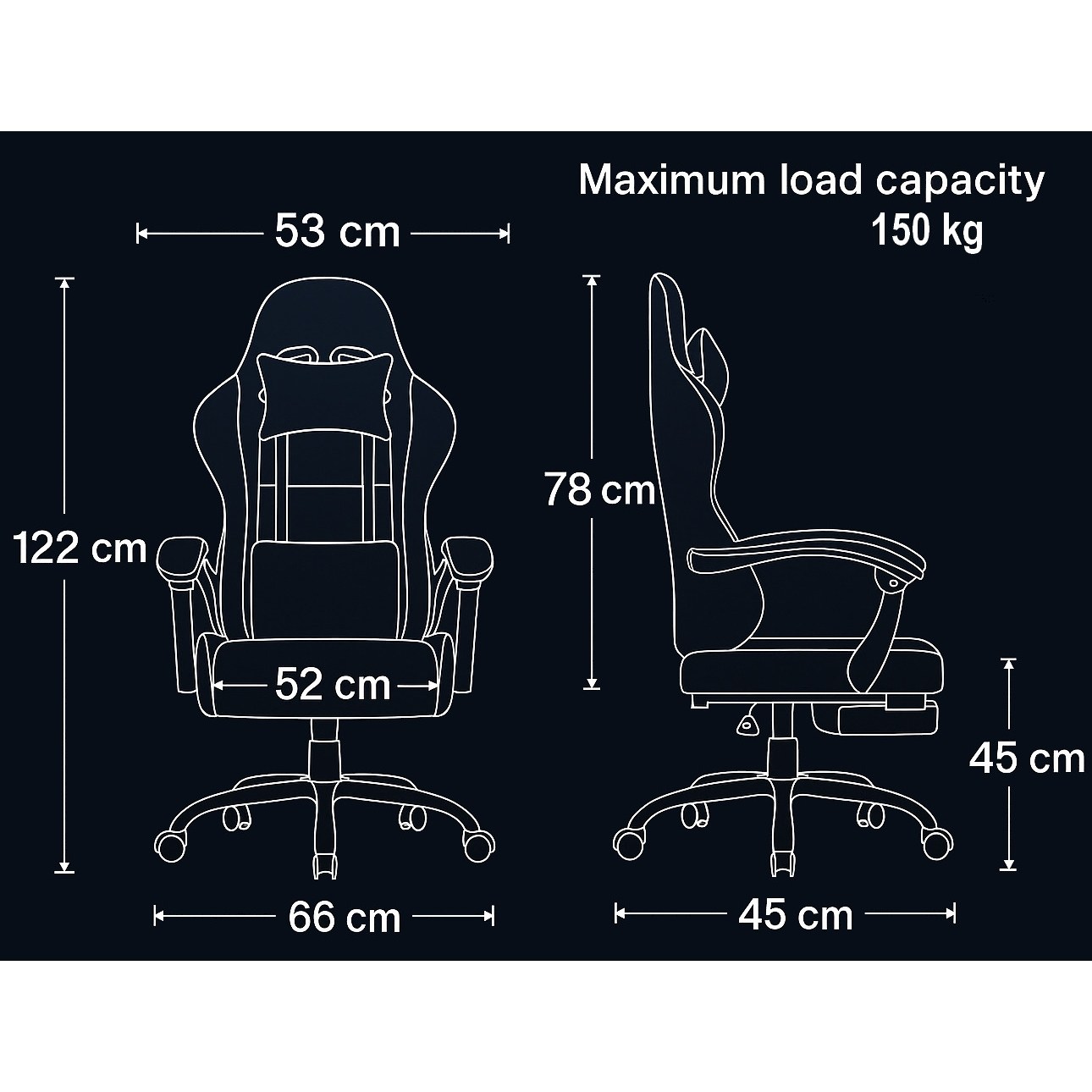 Diagramm eines Gaming-Stuhls mit Abmessungen in cm: Höhe 122 cm, Breite 53 cm, Sitzbreite 52 cm, Basisbreite 66 cm und Tragfähigkeit 150 kg.