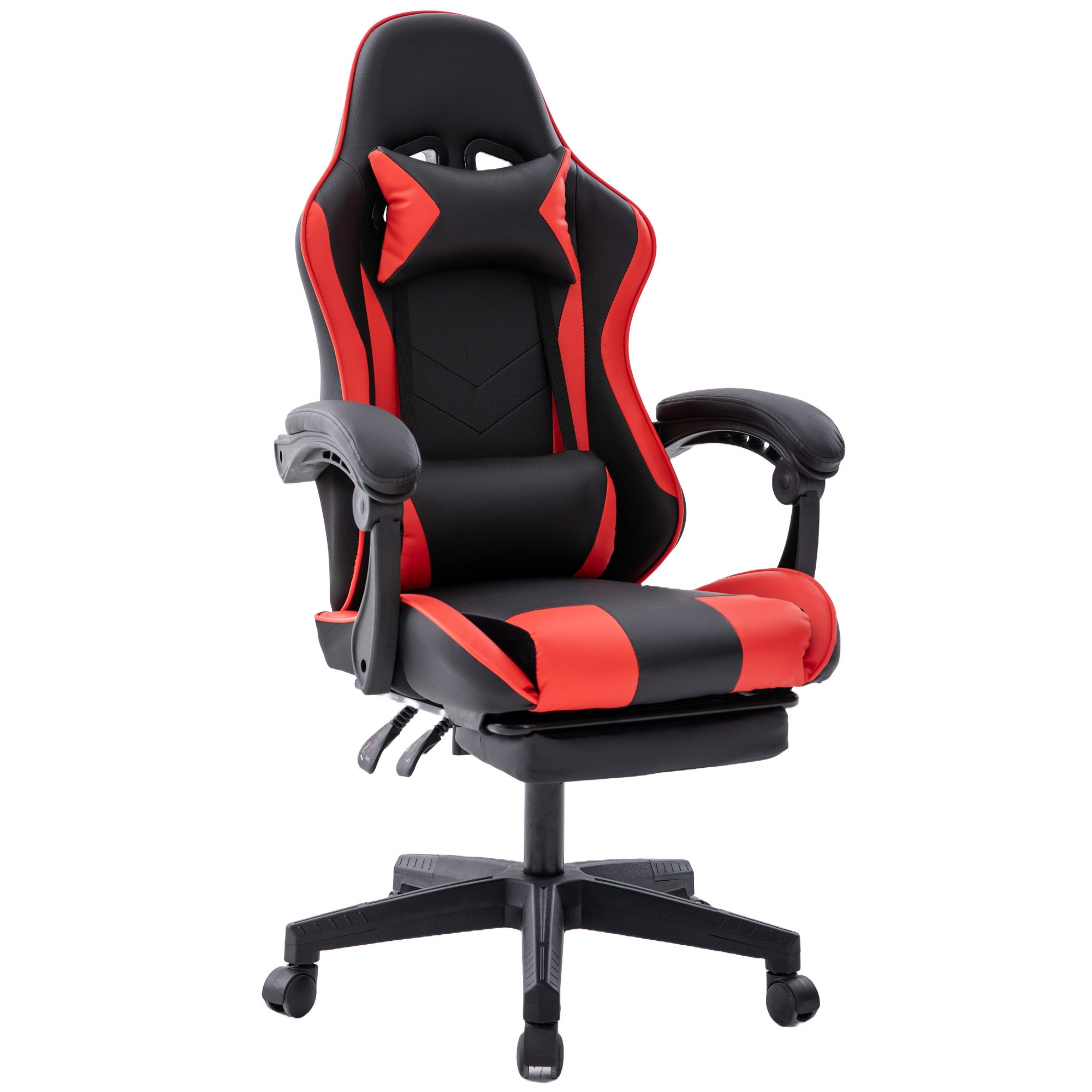 Gaming-Stuhl. Schwarz-rotes Design. Mit Kopfstütze, Armlehnen und einem Fünf-Rollen-Gestell. Isoliert auf weißem Hintergrund.