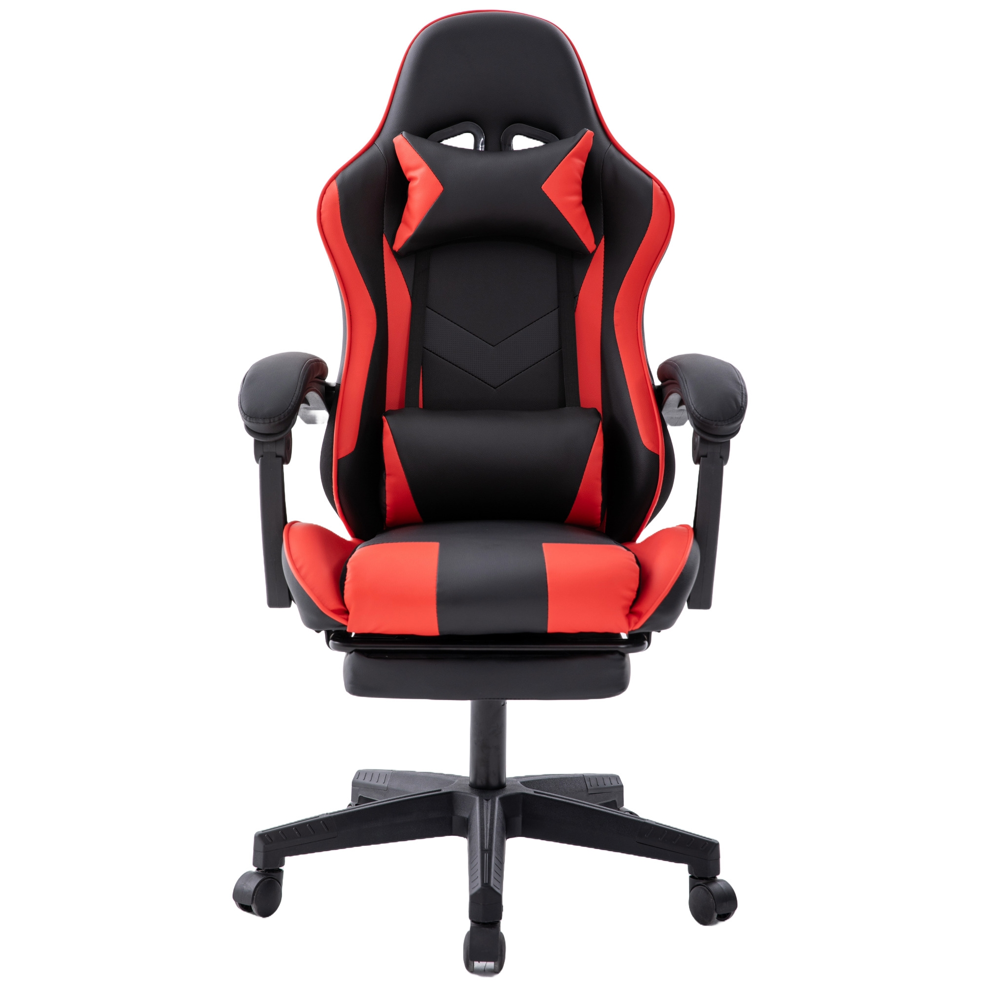 Ein schwarzer und roter Gaming-Stuhl. Er hat eine hohe Rückenlehne, Armlehnen und eine Fußstütze. Der Hintergrund ist weiß.