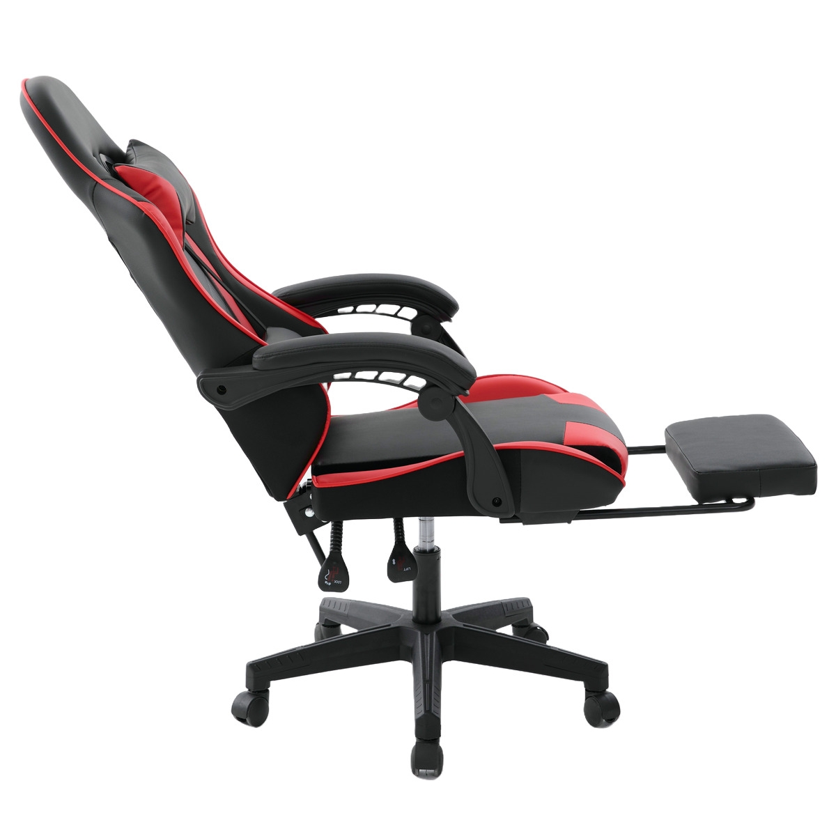 Gaming-Stuhl, schwarz und rot, mit Fußstütze. Er hat Armlehnen und ein Fünf-Rollen-Gestell.