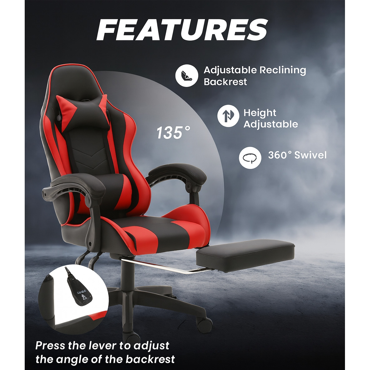 Gaming-Stuhl mit rot-schwarzem Design, verfügt über verstellbare Rückenlehne, Höhenverstellung und Drehfunktion. Der Stuhl hat eine Fußstütze.