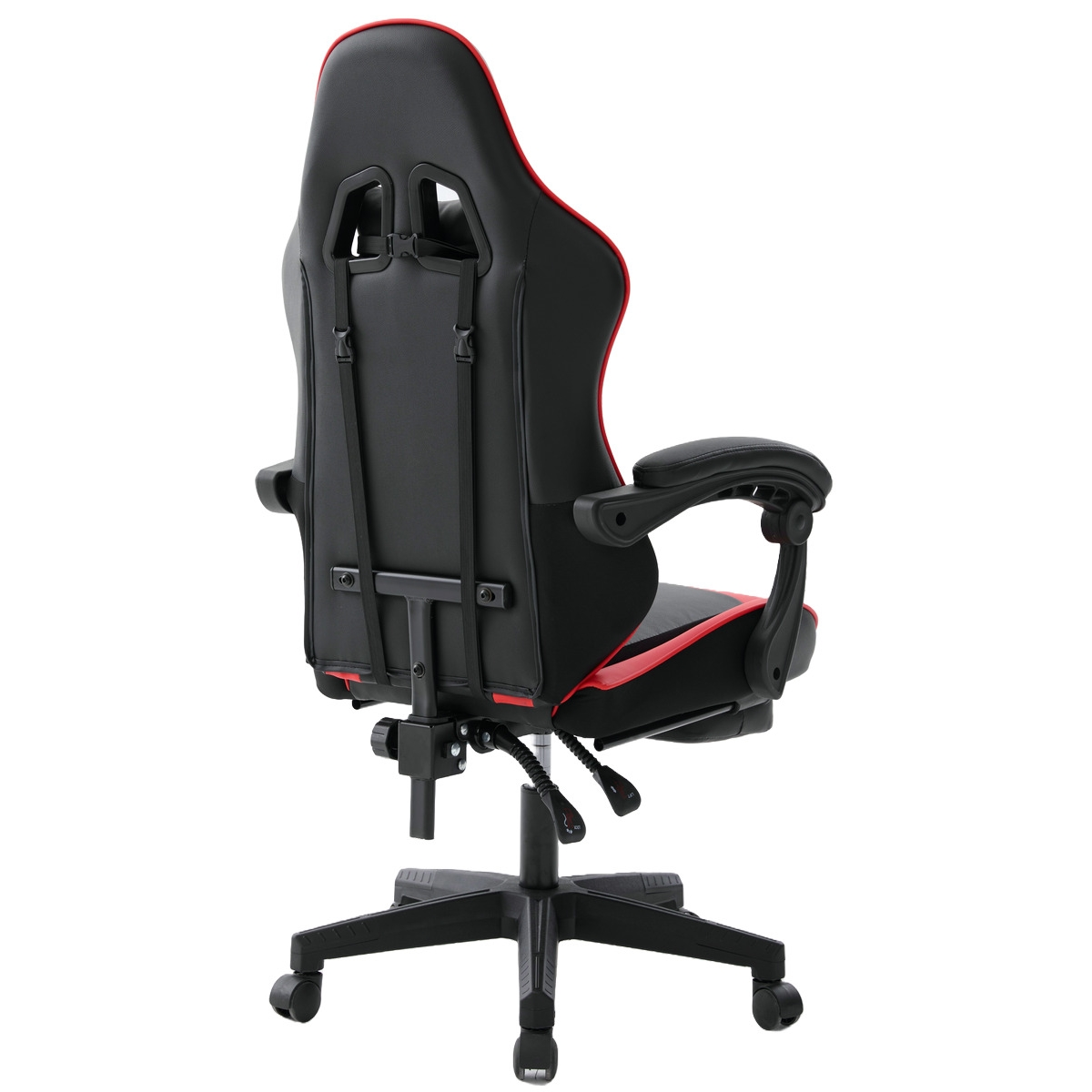 Schwarzer und roter Gaming-Stuhl. Die Rückenlehne ist hoch. Die Armlehnen sind schwarz. Der Sockel ist schwarz mit Rädern. Der Hintergrund ist weiß.
