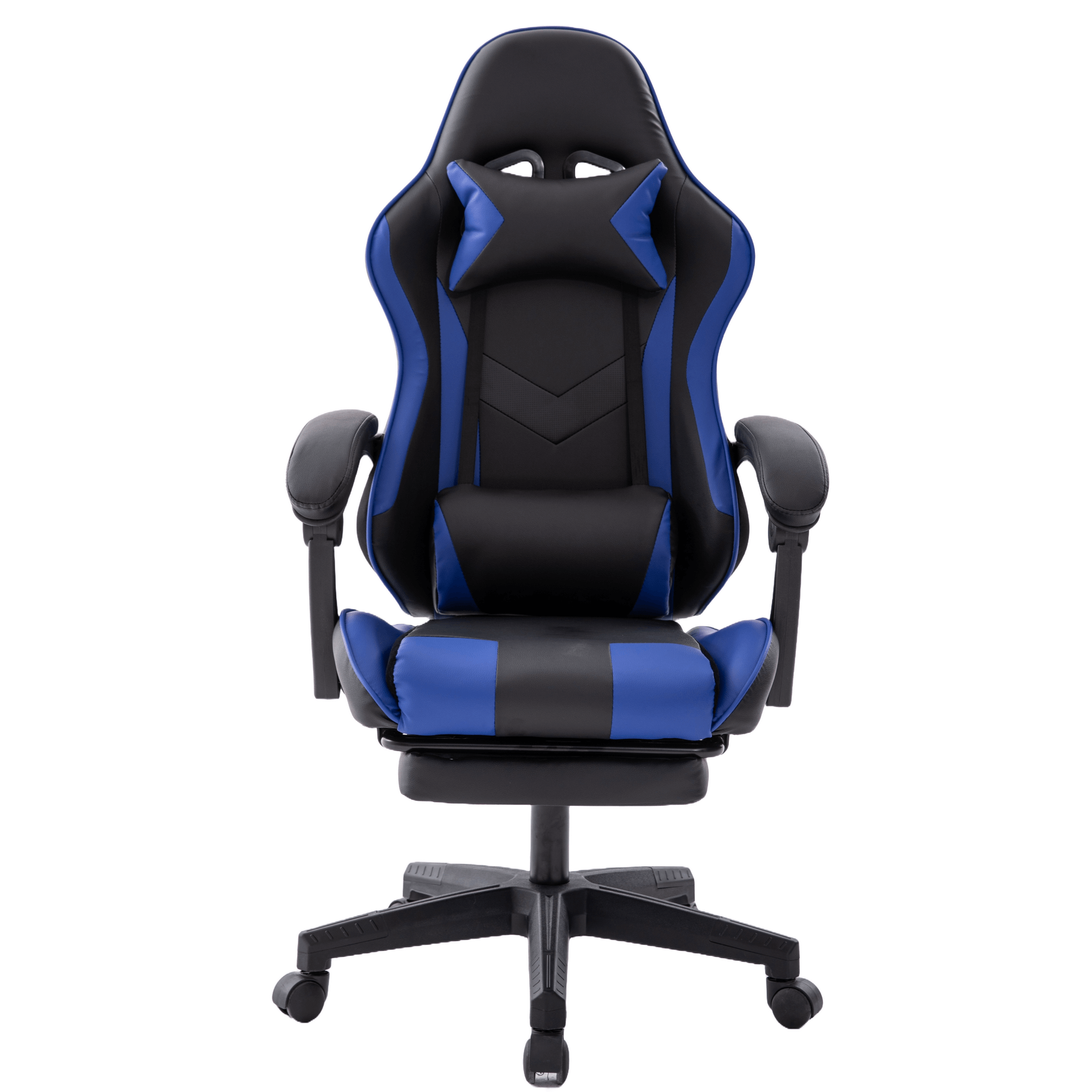 Ein schwarz-blauer Gaming-Stuhl auf weißem Hintergrund. Er hat eine Kopfstütze, Armlehnen und eine Fußstütze. Der Stuhl ist zentriert.