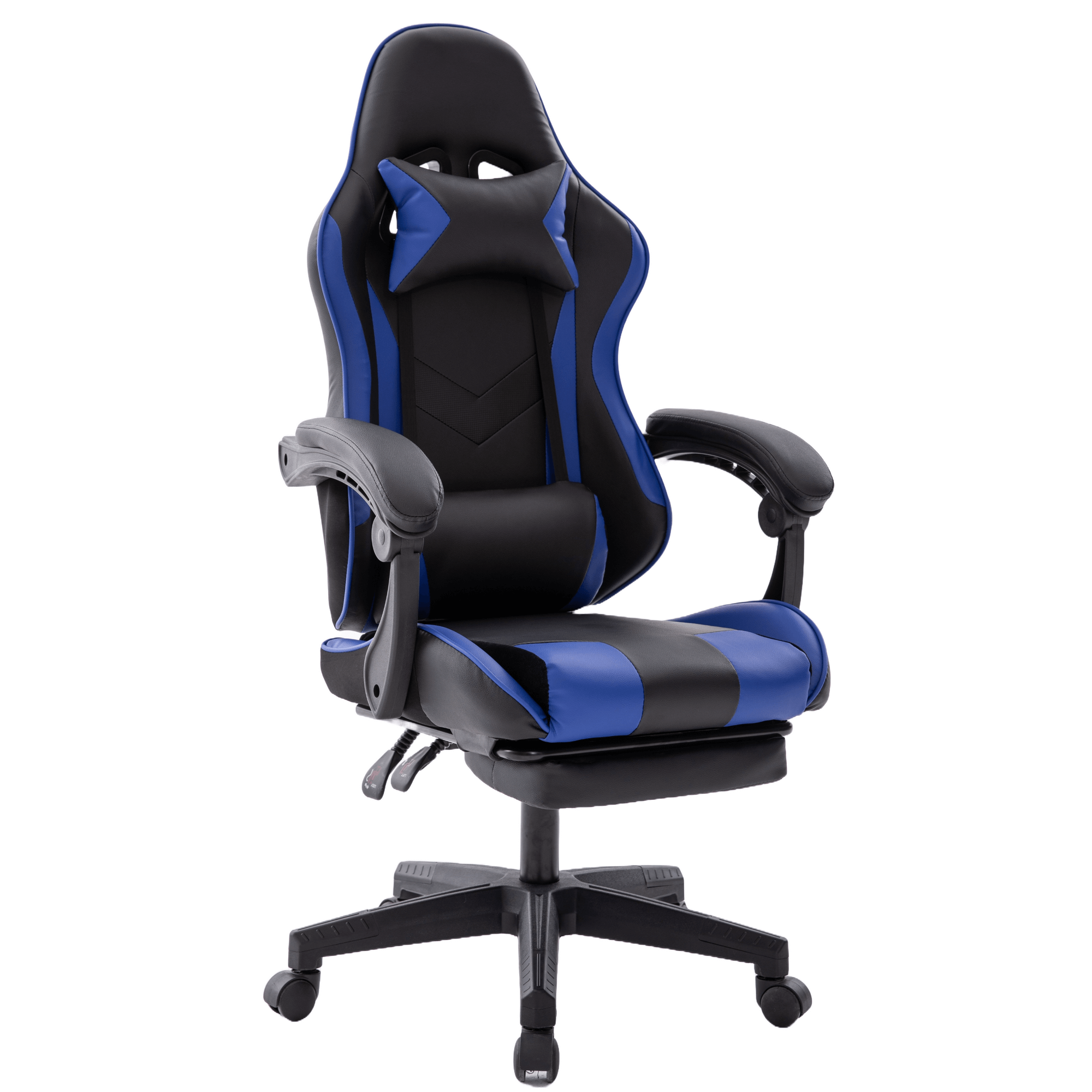 Gaming-Stuhl. Schwarz und blau mit Kopfstütze und Armlehnen. Der Stuhl steht auf einem schwarzen Untergestell mit Rollen.