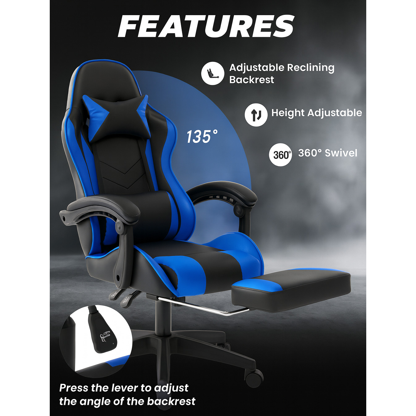 Ein schwarz-blauer Gaming-Stuhl mit verstellbarer Rückenlehne, Höhe und Drehung. Enthält eine Fußstütze und verfügt über Etiketten.