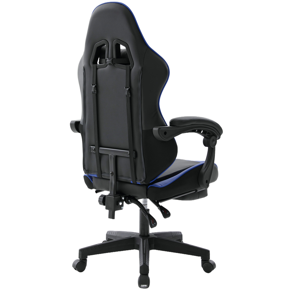 Ein schwarz-blauer Gaming-Stuhl auf weißem Hintergrund. Der Stuhl wird von hinten betrachtet und zeigt die Designdetails.