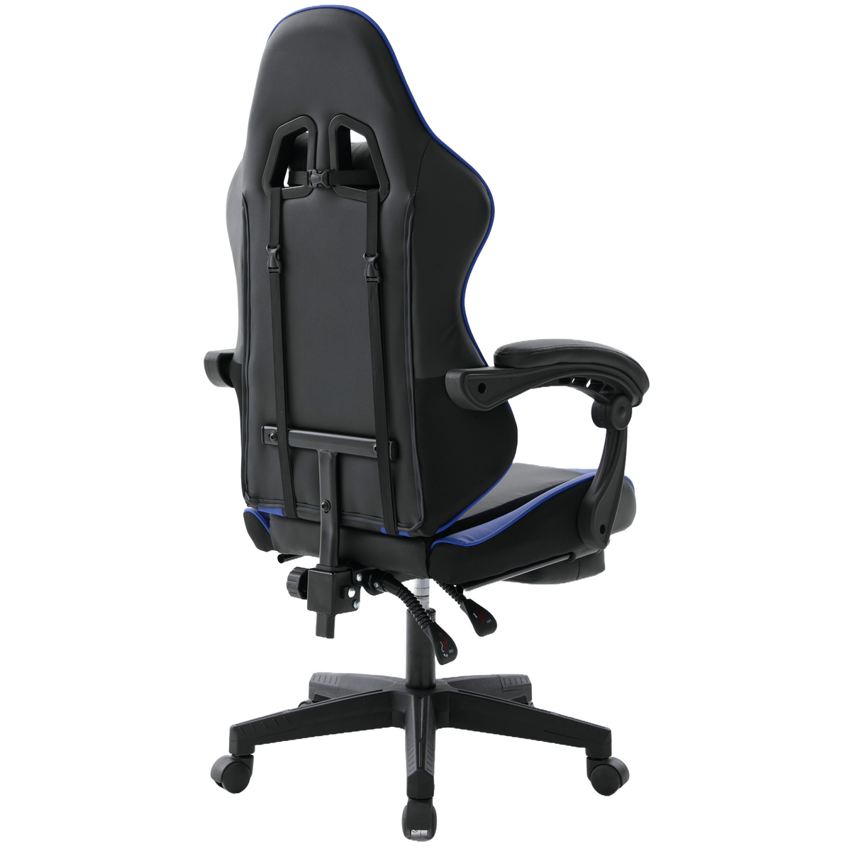 Schwarzer und blauer Gaming-Stuhl auf weißem Hintergrund. Der Stuhl hat eine hohe Rückenlehne, Armlehnen und ein Fünf-Sterne-Fußkreuz mit Rollen.