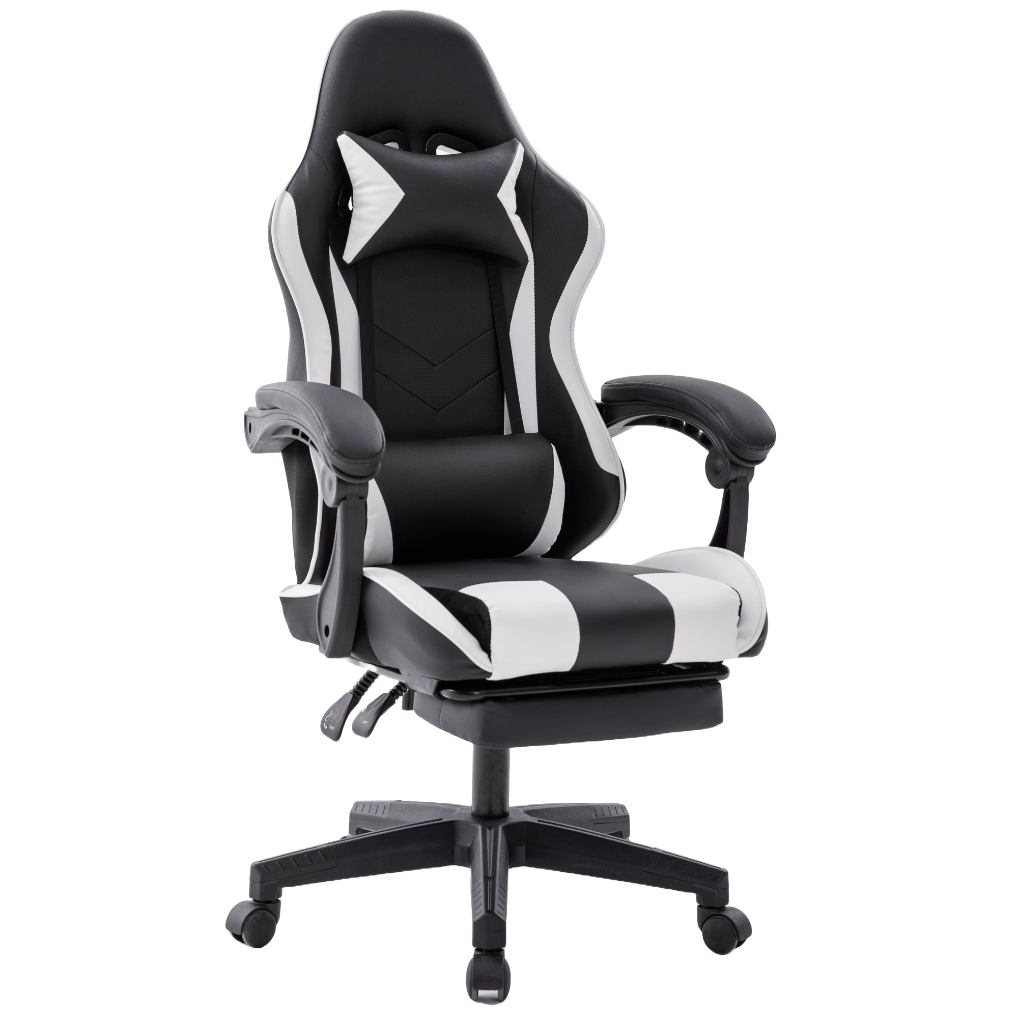 Ein schwarz-weißer Gaming-Stuhl. Er hat eine hohe Rückenlehne, Armlehnen und ein Fünf-Rollen-Gestell. Die Kopfstütze hat einen weißen Stern.