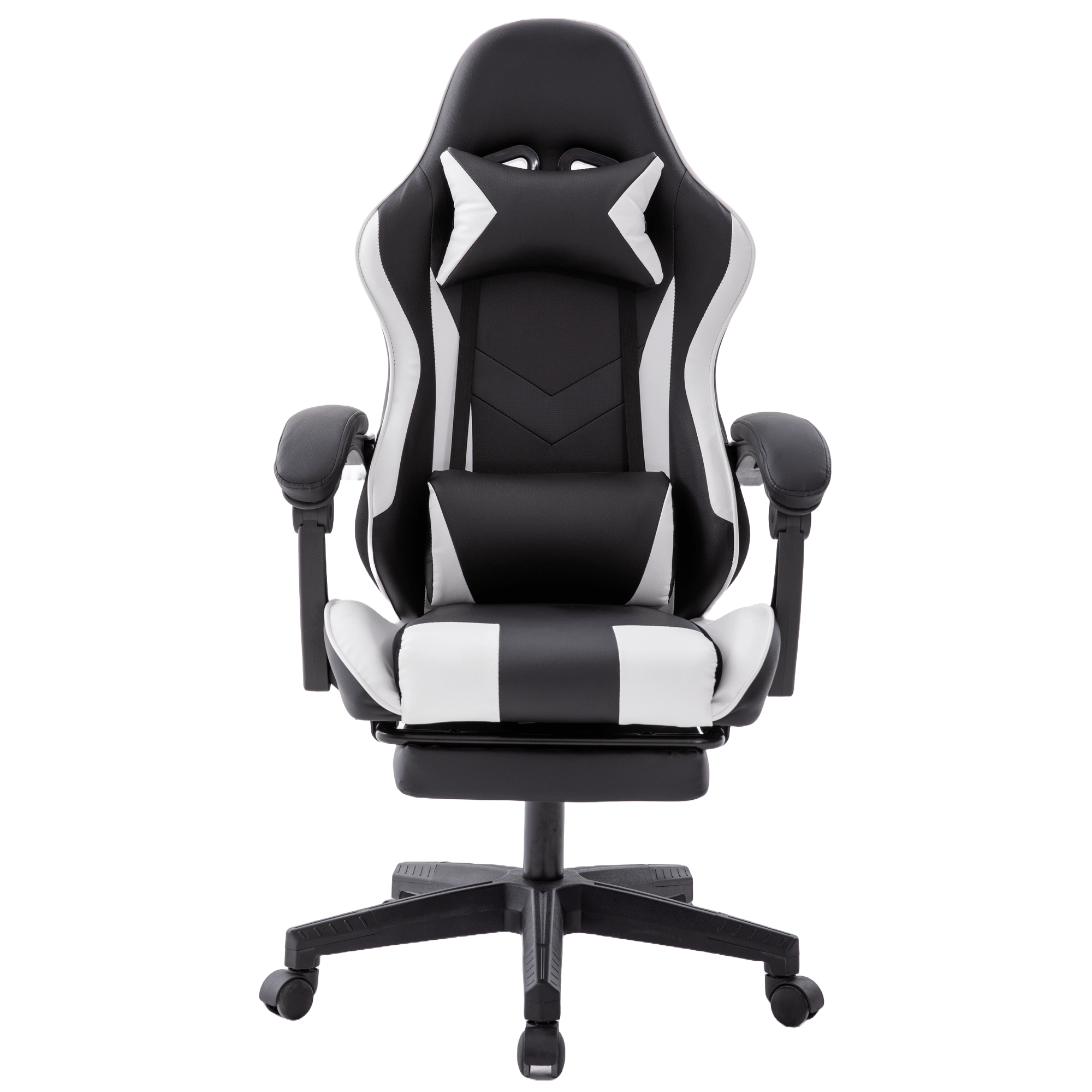 Ein schwarz-weißer Gaming-Stuhl. Er hat eine Kopfstütze und Lendenwirbelstütze. Der Stuhl steht auf einem schwarzen Untergestell mit Rädern.