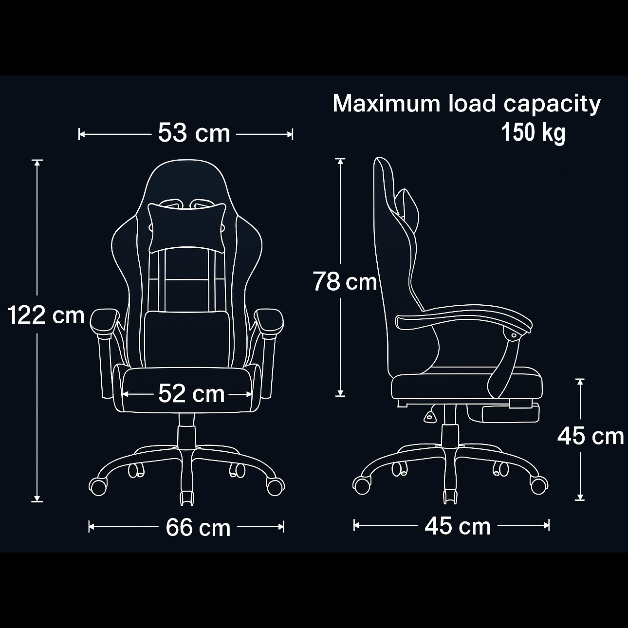 Diagramm eines Gaming-Stuhls mit Abmessungen: 122 cm hoch, 53 cm breit, 52 cm Sitzbreite, 66 cm Basis, 78 cm Rücken, 45 cm Sitzhöhe und 150 kg Kapazität.