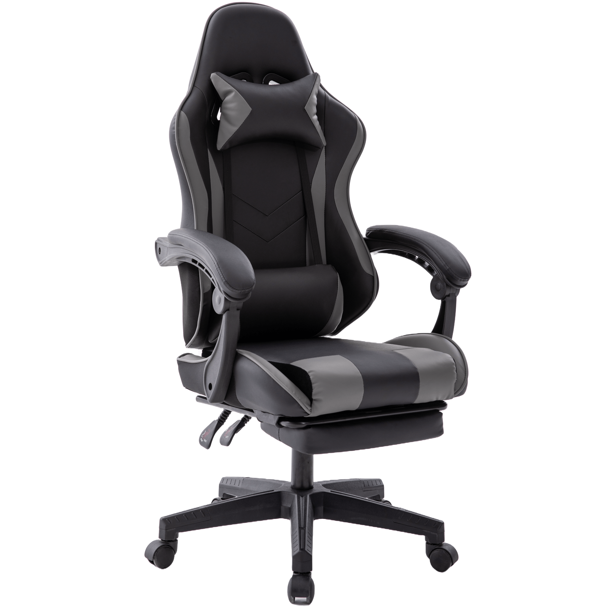 Ein schwarz-grauer Gaming-Stuhl. Er hat eine Kopfstütze und Lendenwirbelstütze, Armlehnen und ein Fünf-Rad-Gestell.