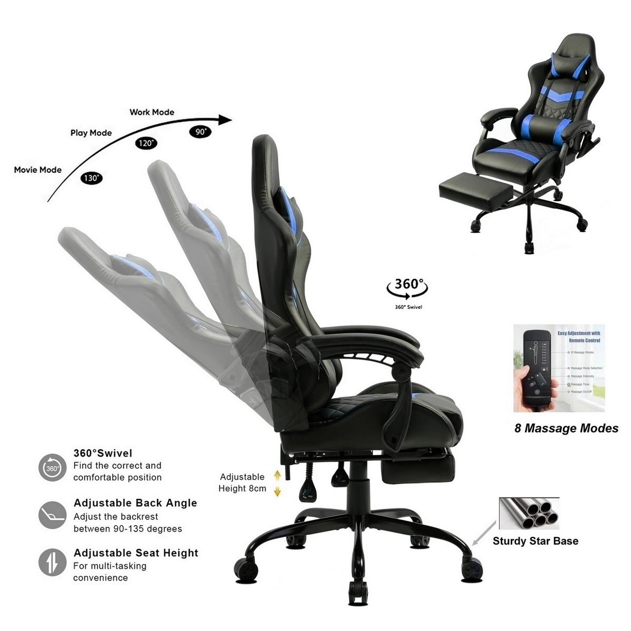 Ein schwarz-blauer Gaming-Stuhl mit Fußstütze, verstellbaren Funktionen und Massagemodi. Details umfassen Optionen und eine stabile Basis.