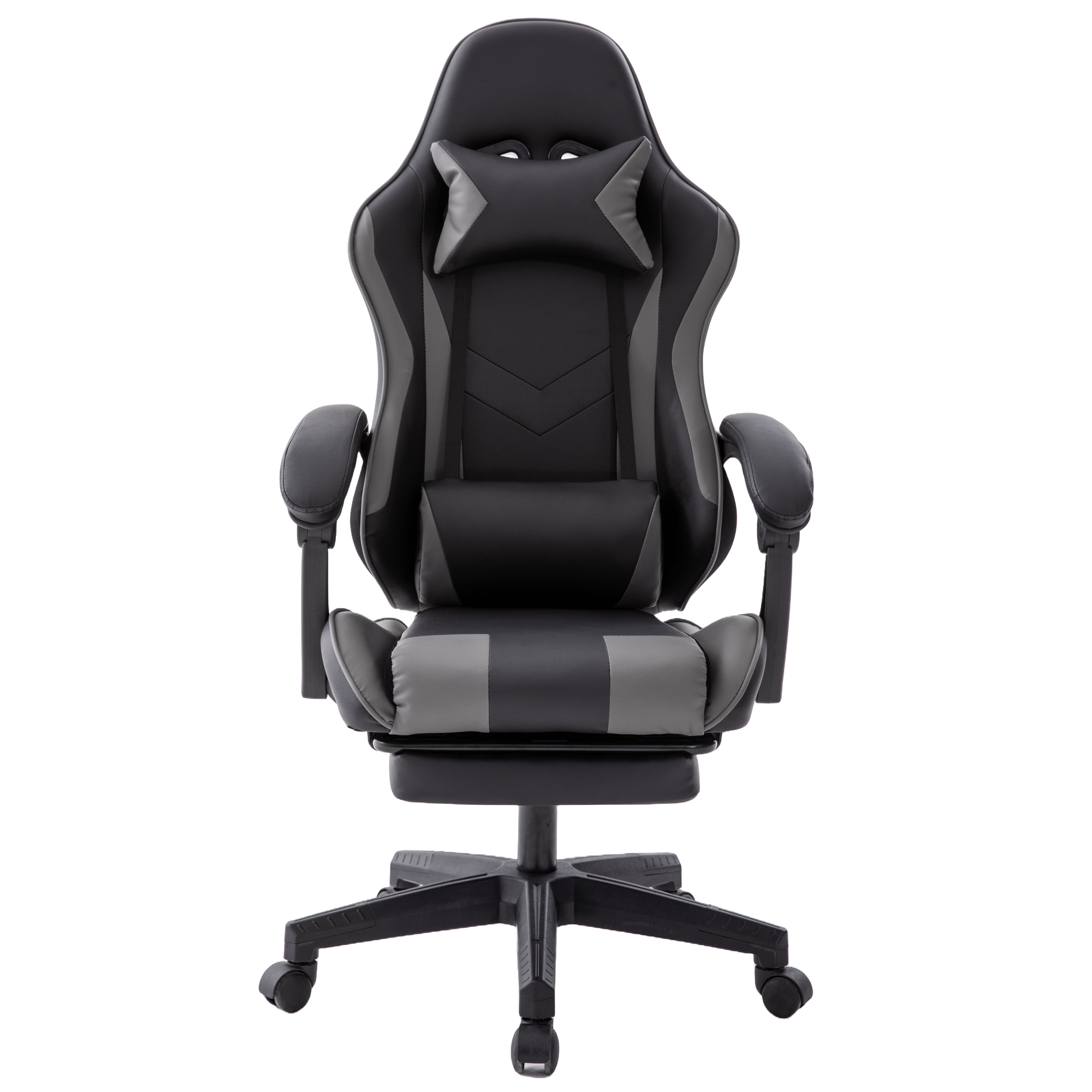 Ein schwarz-grauer Gaming-Stuhl mit Kopfstütze, Armlehnen und einem Sockel mit Rädern. Isoliert auf weißem Hintergrund.