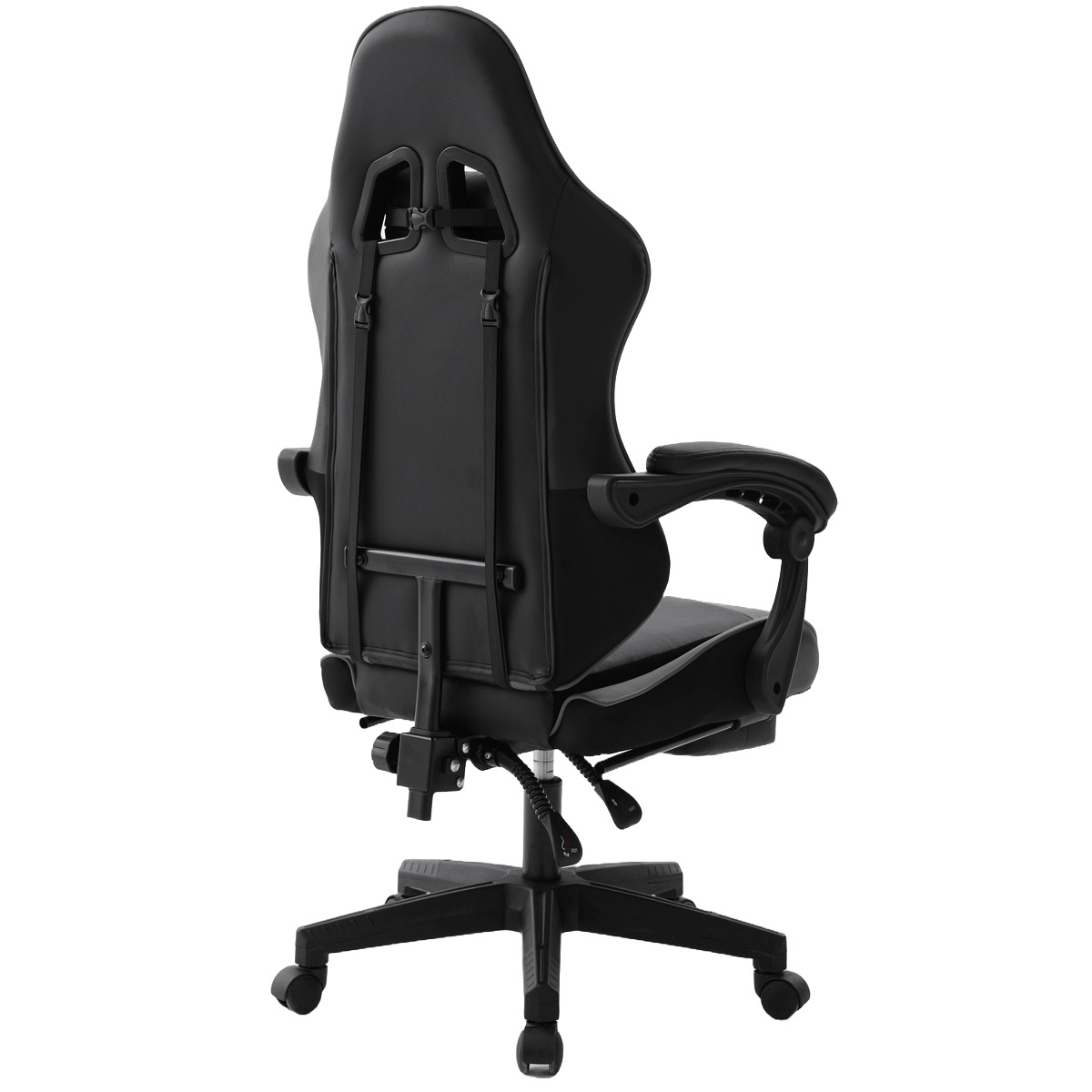 Schwarzer Gaming-Stuhl von hinten, mit Kopfstütze, Armlehnen und Fünf-Rollen-Basis, vor weißem Hintergrund.