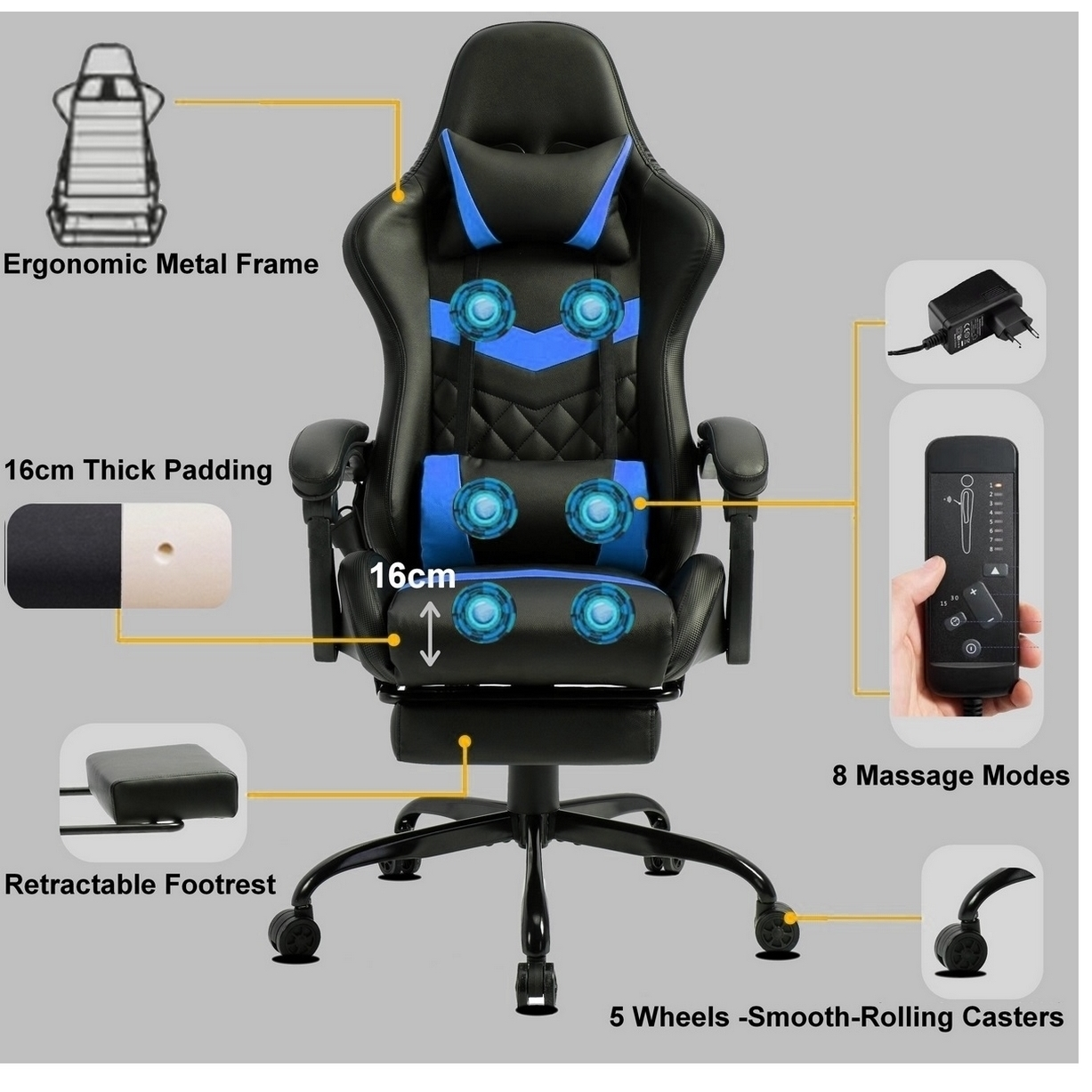 Ein schwarz-blauer Gaming-Stuhl mit Massagefunktionen, einschließlich einer ausziehbaren Fußstütze und 5 Rädern.