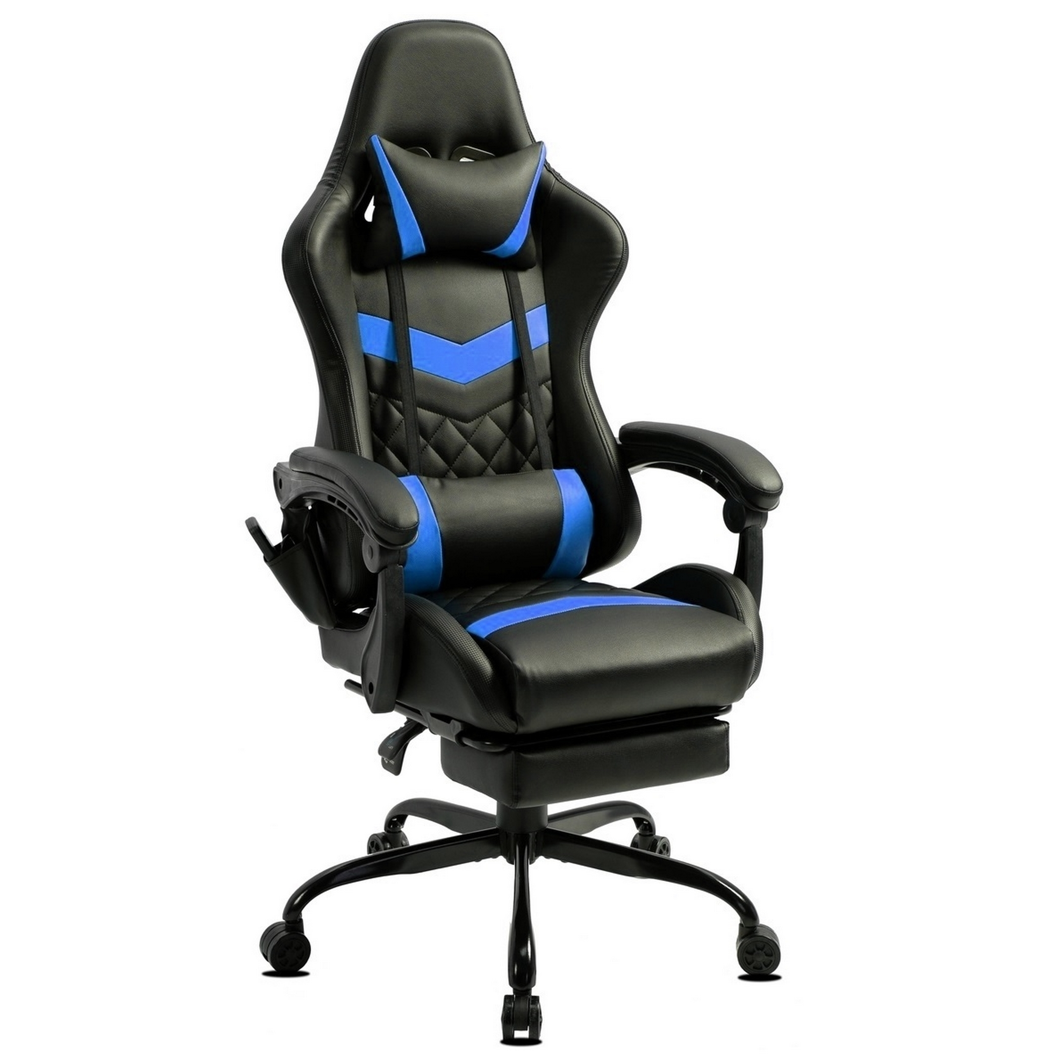 Schwarzer und blauer Gaming-Stuhl auf weißem Hintergrund. Zu den Merkmalen gehören eine Kopfstütze, Lendenwirbelstütze und Armlehnen.