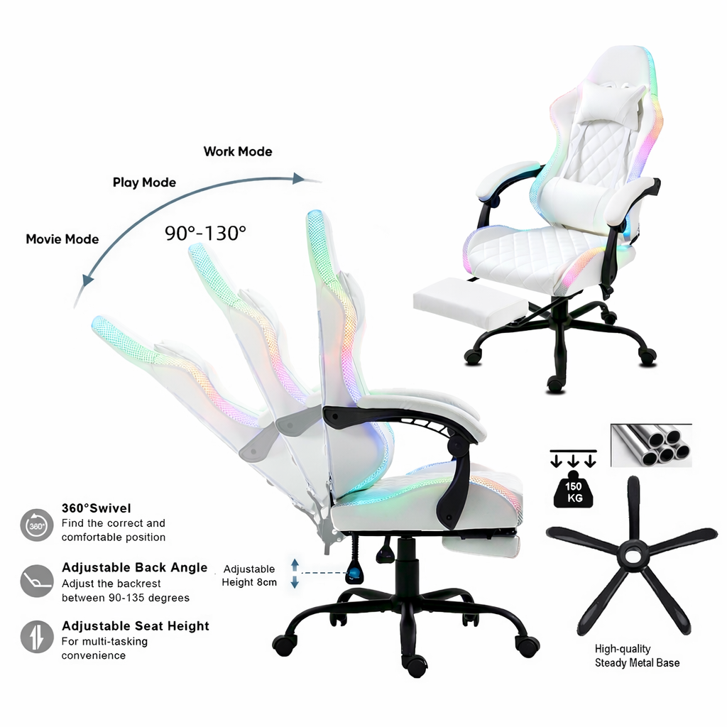 Weißer Gaming-Stuhl mit verstellbarer Rückenlehne und Sitzfläche, zeigt verschiedene Modi. Merkmale sind Drehbarkeit, Winkel und Höhenverstellung.