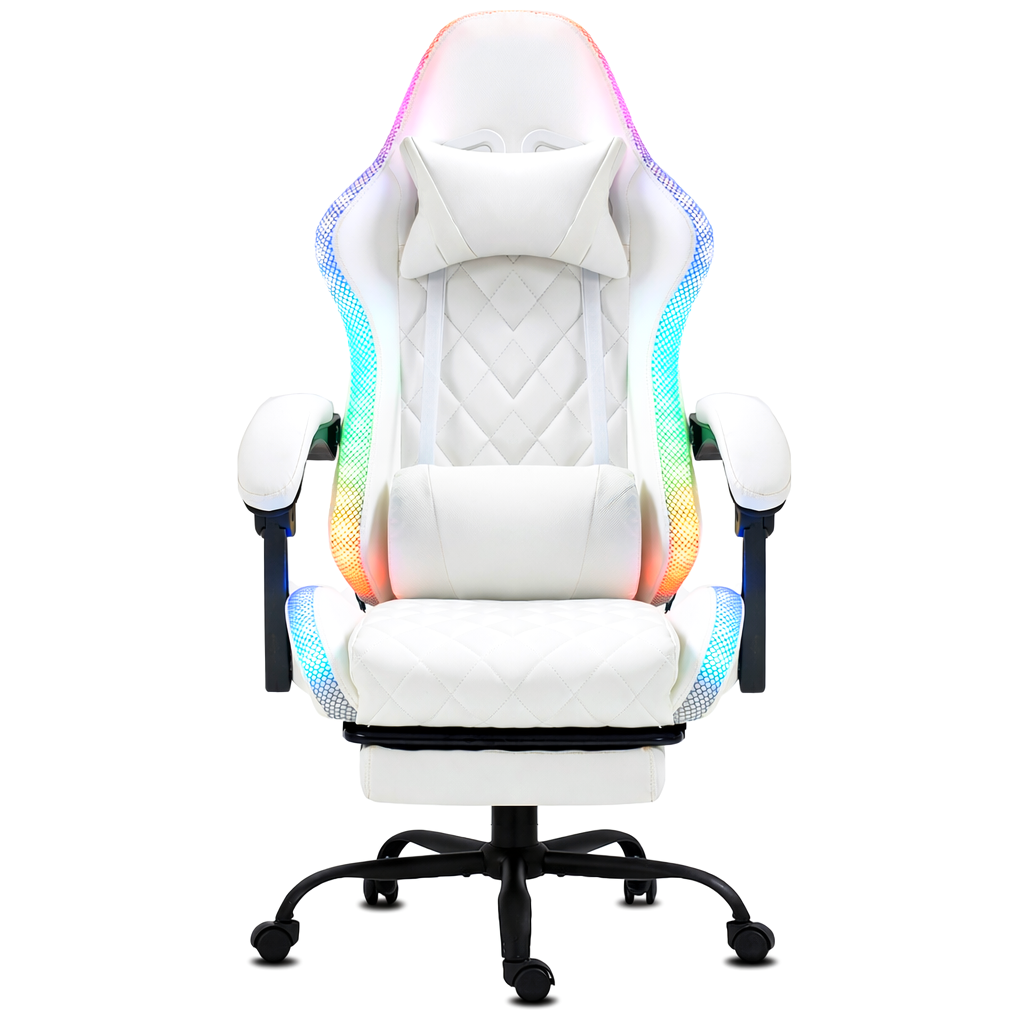Weißer Gaming-Stuhl mit schwarzem Gestell, Armlehnen und Kopfstütze. Er hat LED-Leuchten an den Kanten und eine Fußstütze. Der Hintergrund ist weiß.
