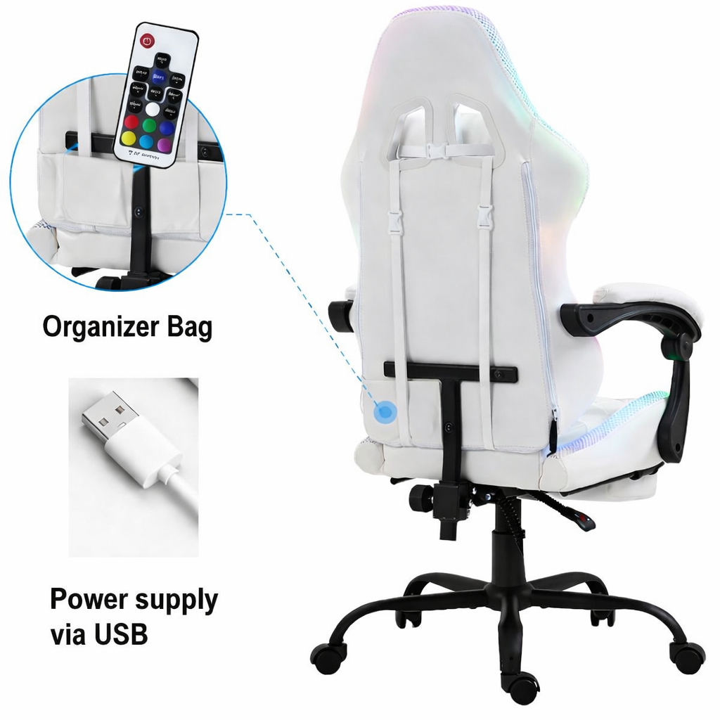 Weißer Gaming-Stuhl mit Fernbedienung und USB-Kabel. Der Stuhl hat ein schwarzes Gestell und bunte Lichter.
