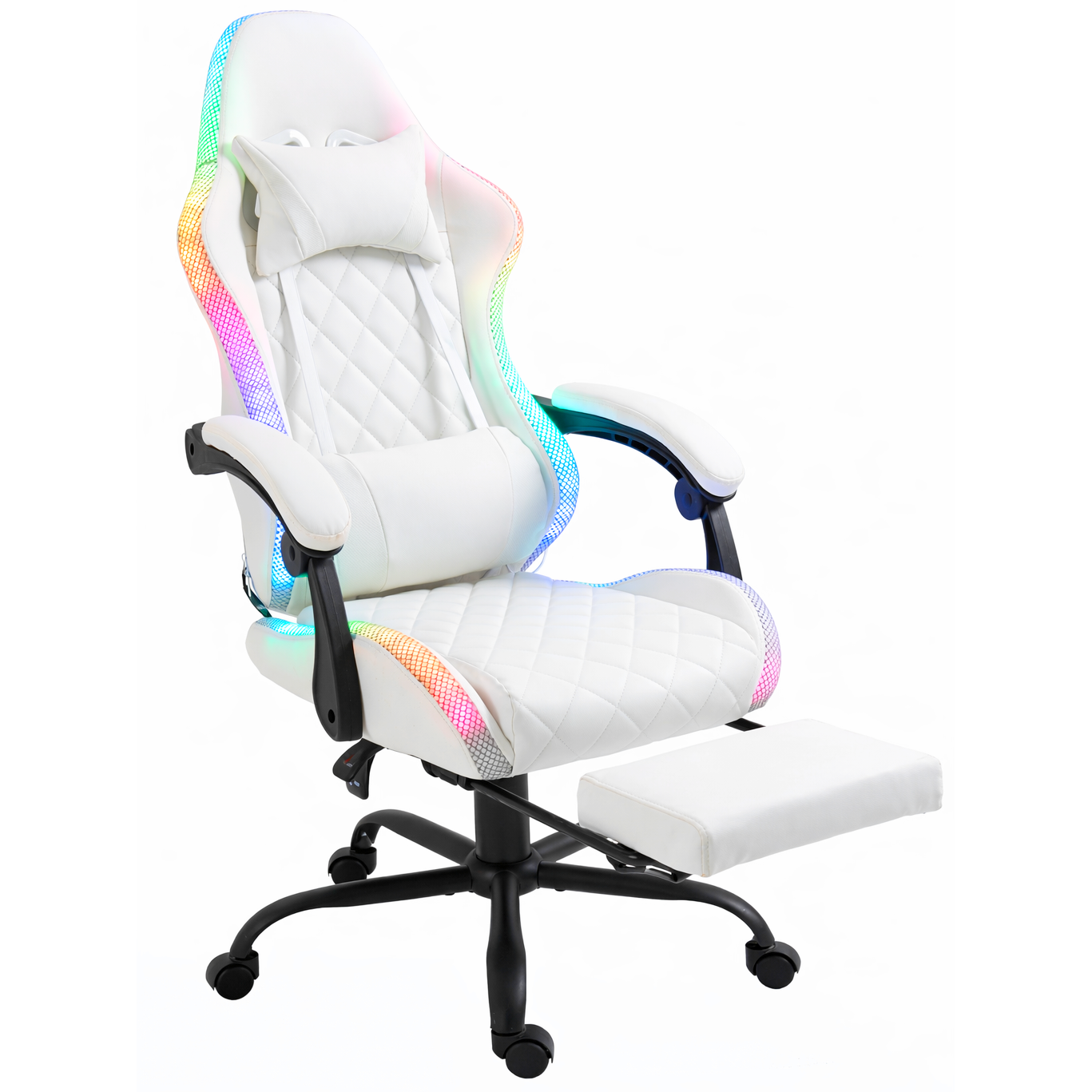 Weißer Gaming-Stuhl mit LED-Leuchten. Er verfügt über eine Kopfstütze, Lendenwirbelstütze, Armlehnen und Fußstütze.