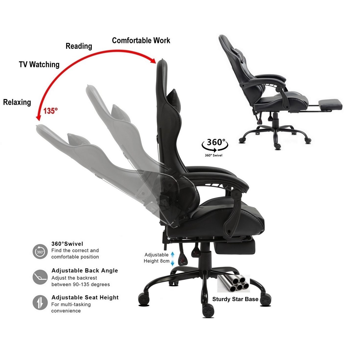 Schwarzer ergonomischer Stuhl, verstellbar für Komfort. Merkmale umfassen 360°-Drehung, verstellbaren Rückenwinkel und Sitzhöhe.