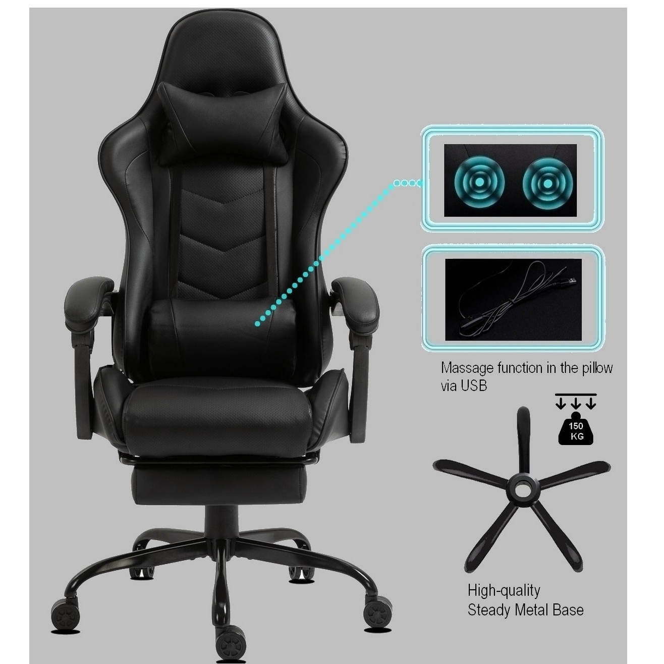 Ein schwarzer Gaming-Stuhl mit Kopfstütze und Massagefunktion. Er hat ein stabiles Metallgestell und kann bis zu 150 kg tragen.