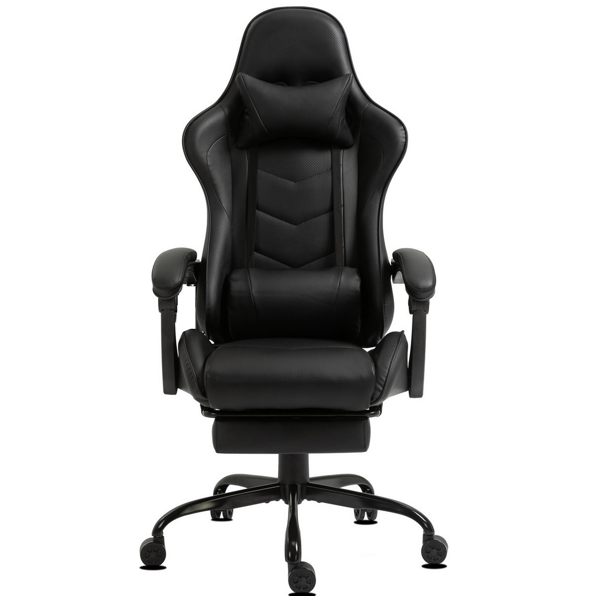 Ein schwarzer Gaming-Stuhl steht vor einem weißen Hintergrund. Er hat eine hohe Rückenlehne, Kopfstütze, Armlehnen und eine Fußstütze.